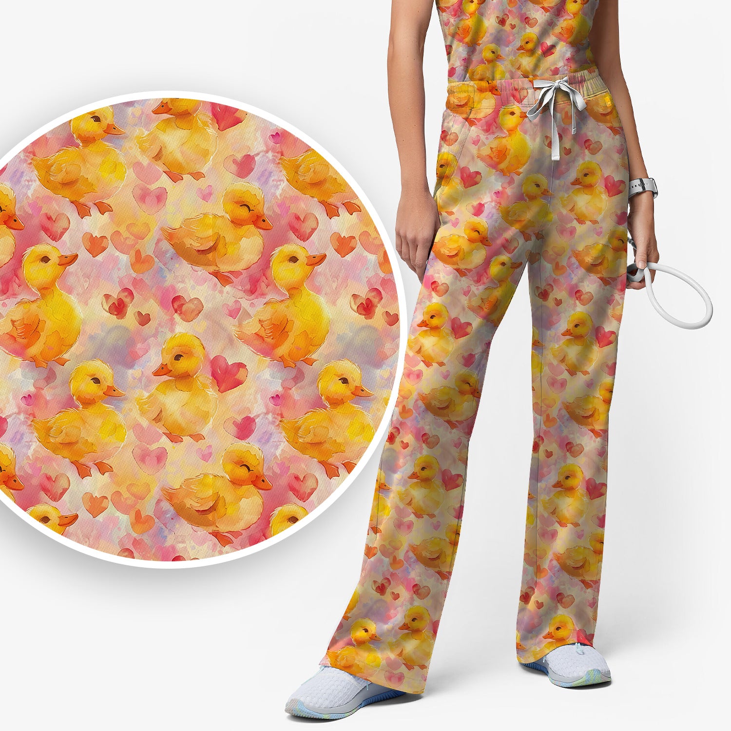 Cute Duck Heart Watercolor Pattern Scrub Set, Scrub Pants and V Neck Top