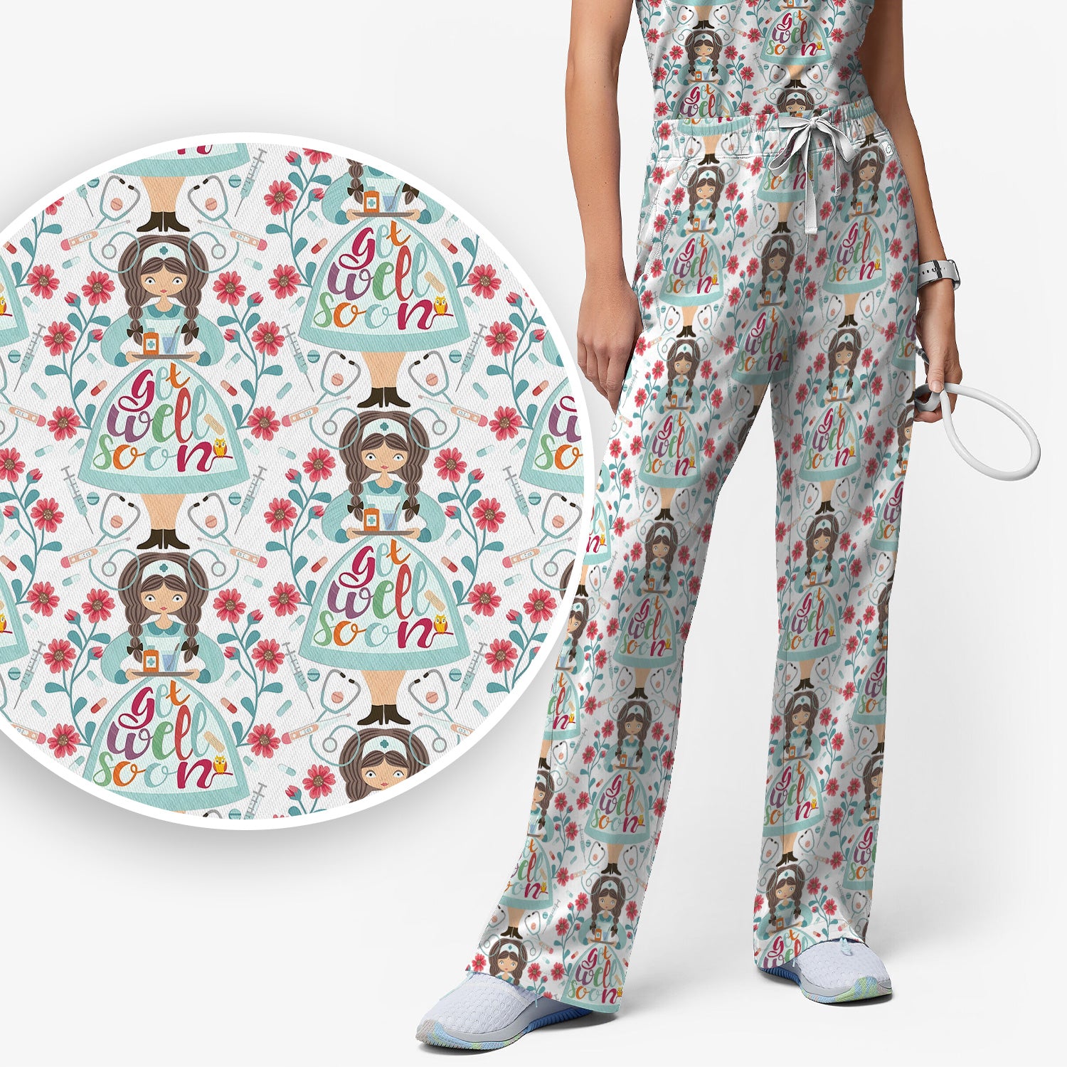 Get Well Soon Girl Floral Caring Pattern Scrub Set, Scrub Pants and V Neck Top
