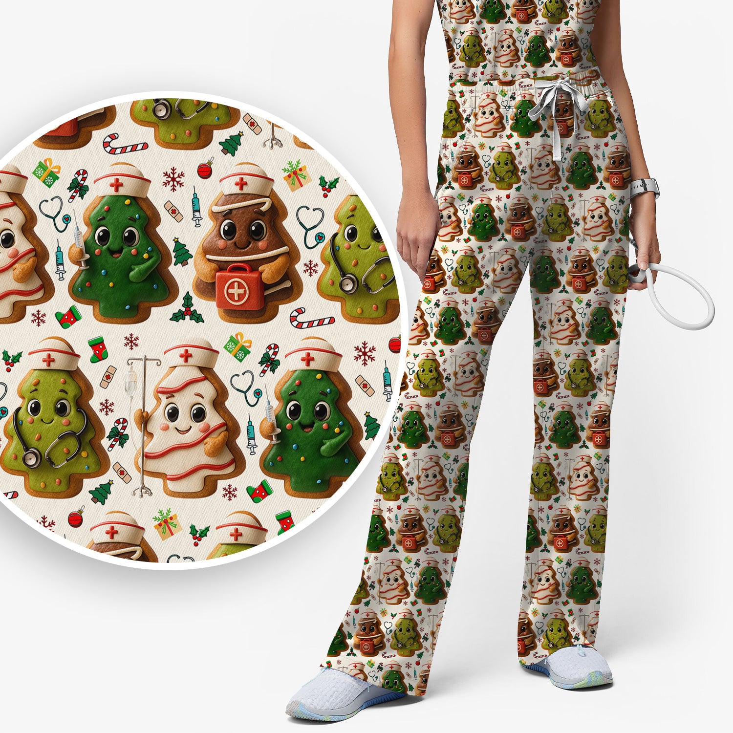 Christmas Cookie Scrub Set – Festive Nurse & Holiday Tree Pattern – Cute Medical Uniform for Nurses, Vets and Healthcare Workers
