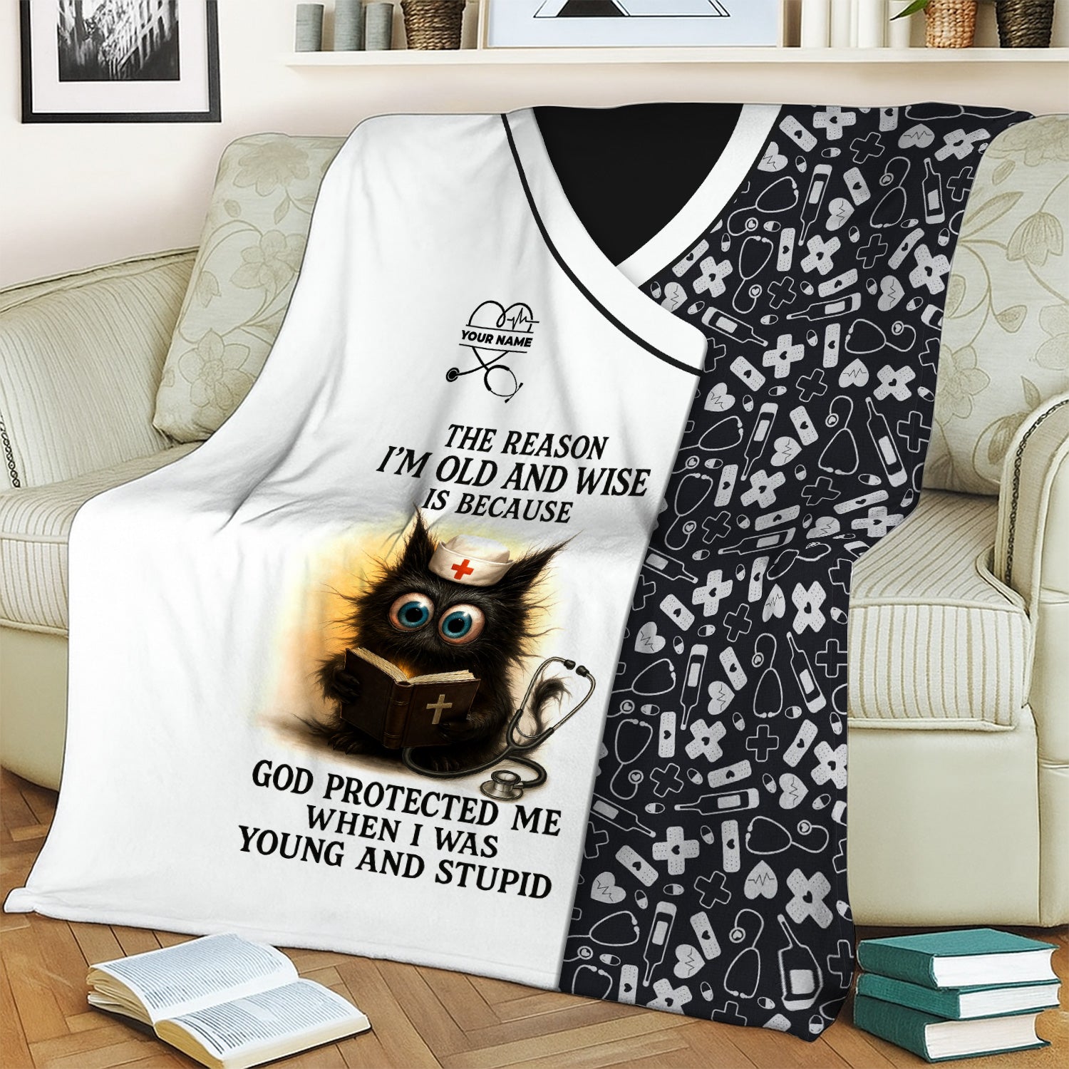 Custom Name Funny Nurse Blanket for RN LPN CNA - Wise Black Cat Cartoon with Bible and Stethoscope - Healthcare Gift for Medical Workers