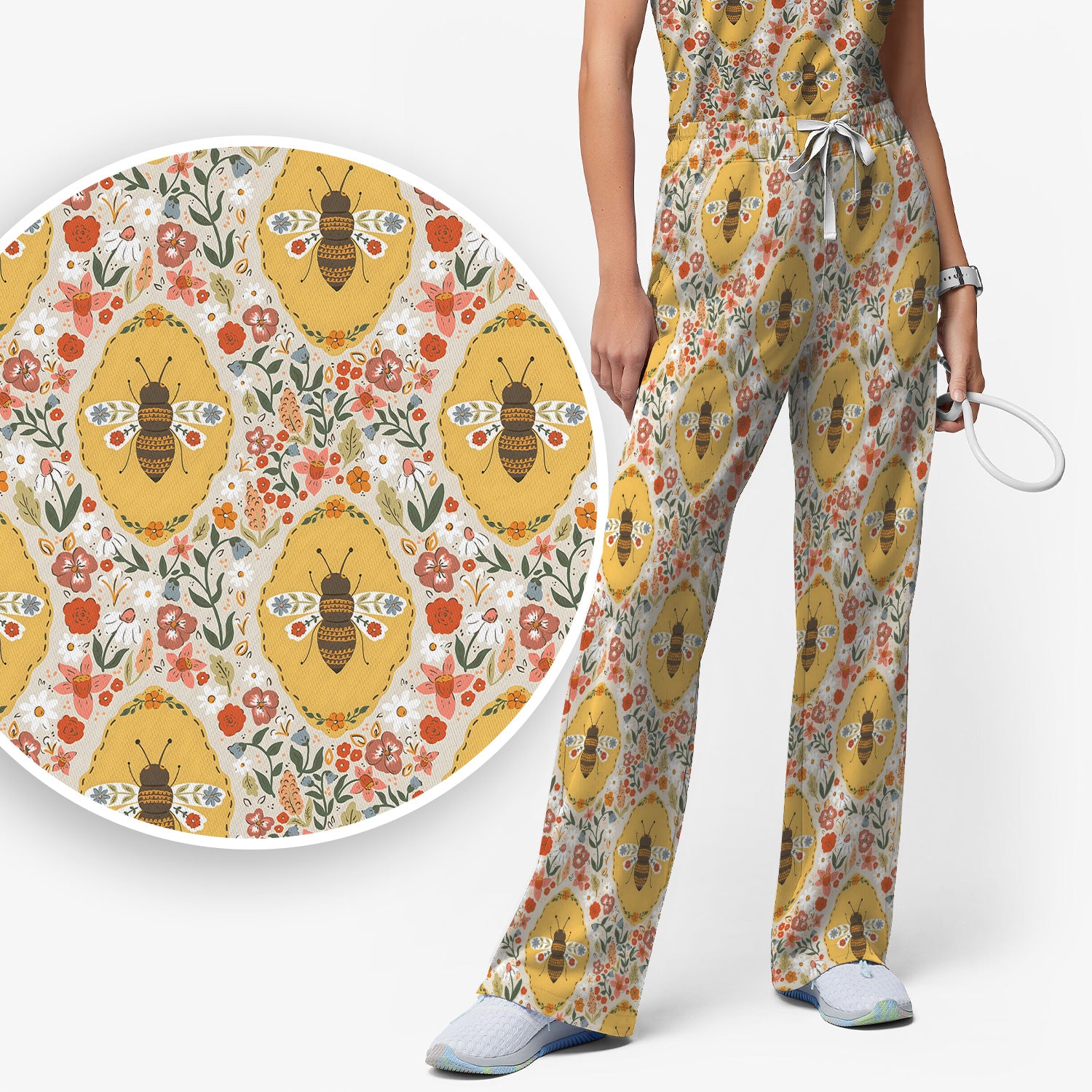Vintage Honeybee Floral Garden Pattern Nurse Scrub Set, Scrub Pants and V Neck Top
