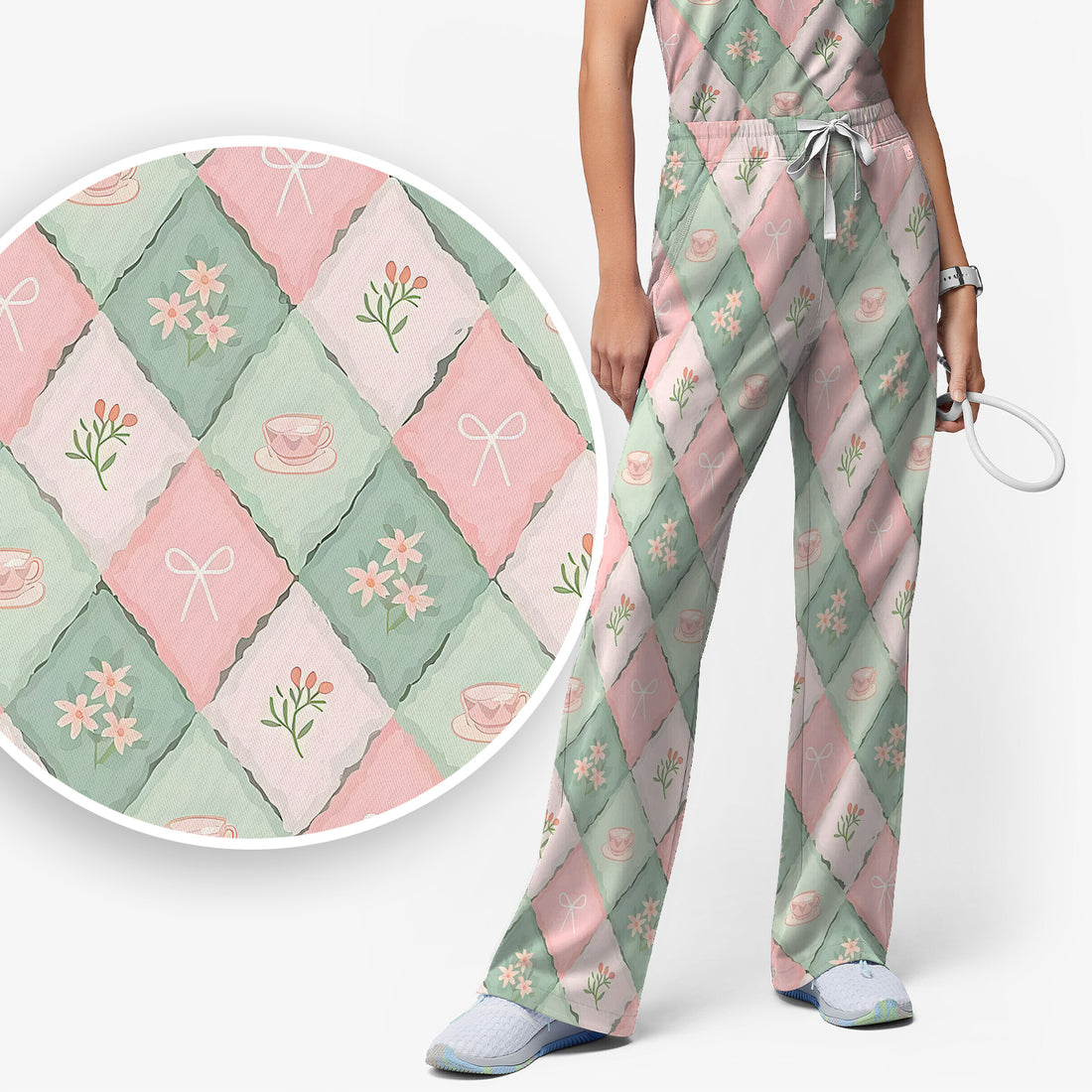 Flowers Tea Cups Pattern Scrubs Sets, Scrub Pants and V Neck Top