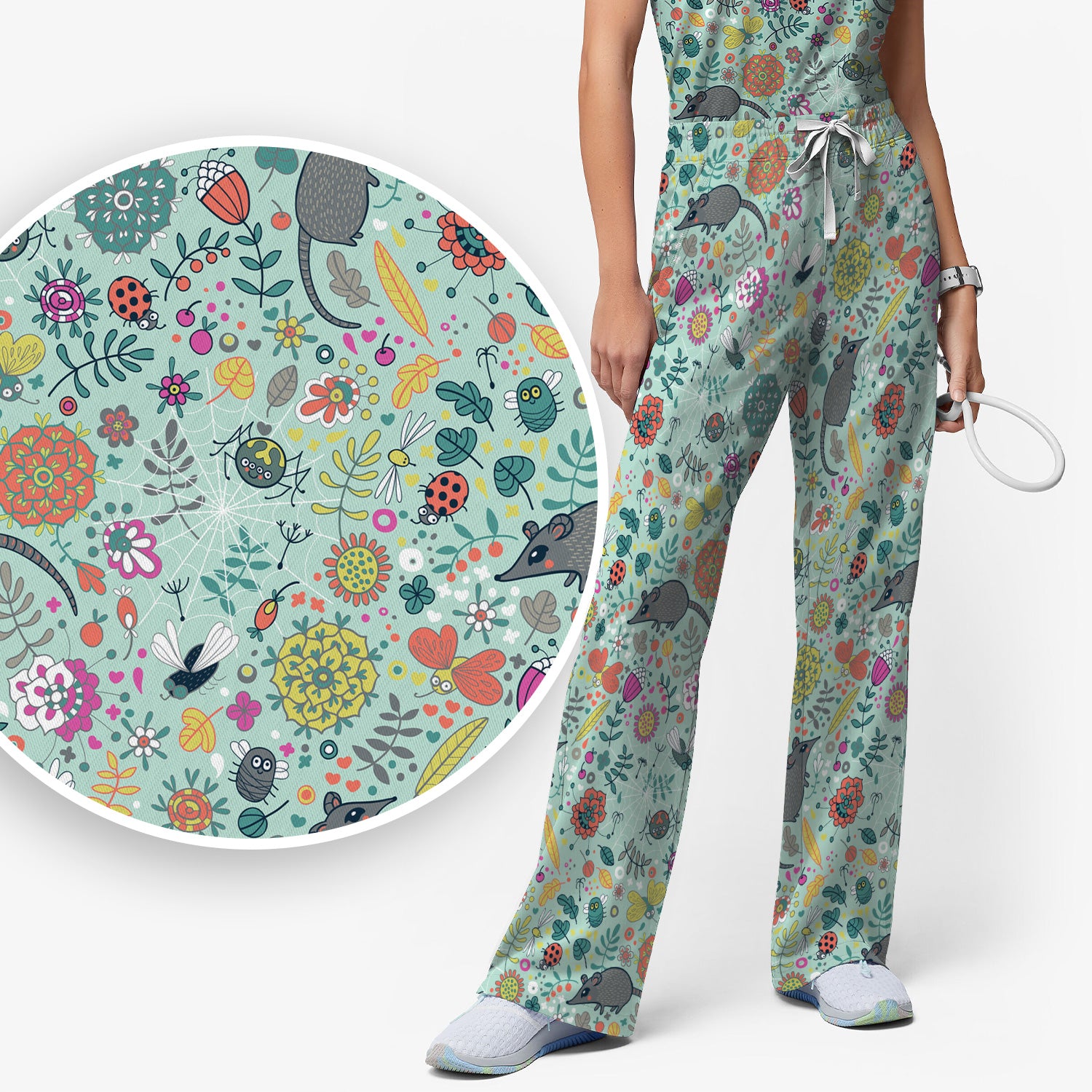 Woodland Mouse Floral Pattern Scrub Set, Breathable Med Uniform