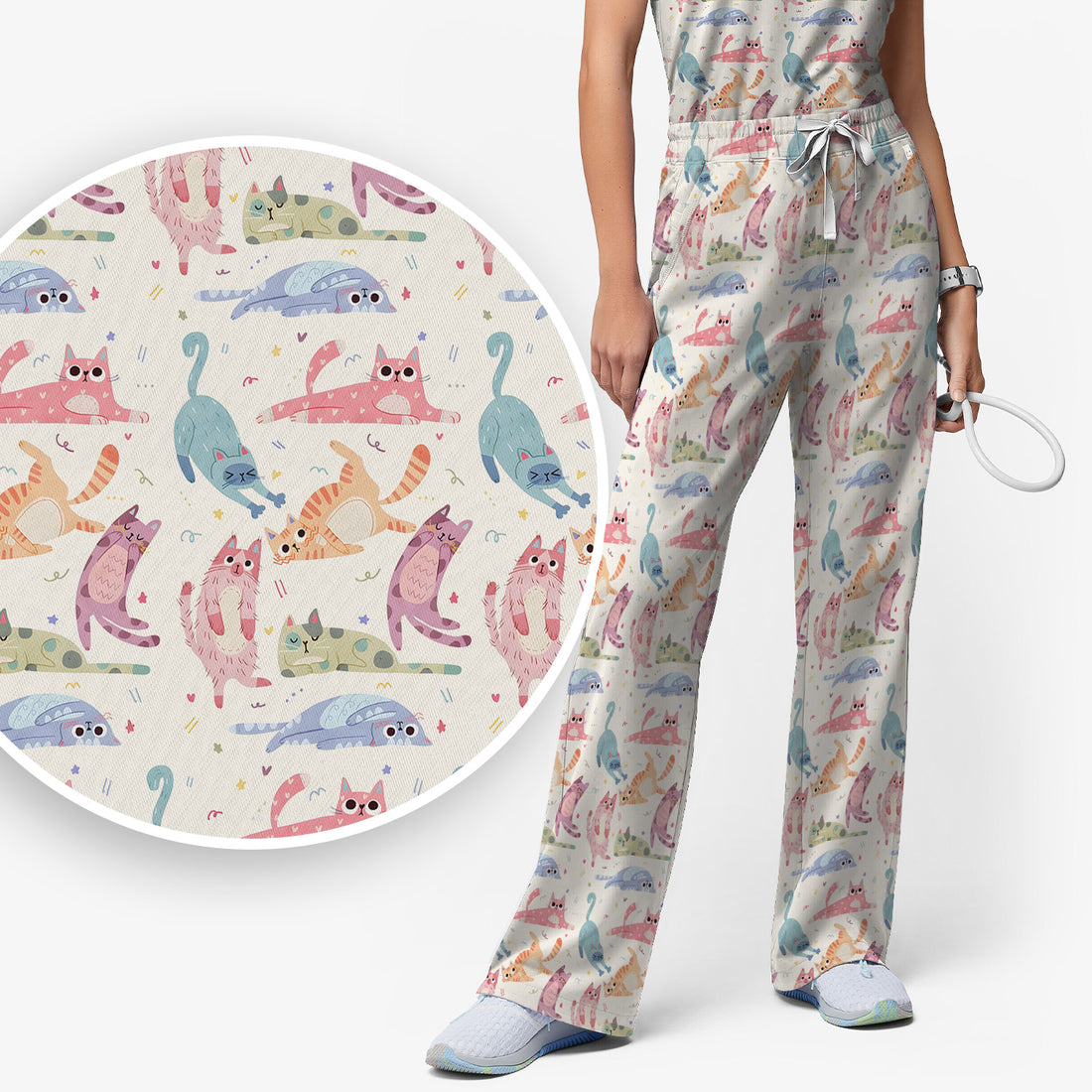 Funny Pastel Cat Pattern Medical Scrub Set, Breathable Fabrics Nursing Uniform