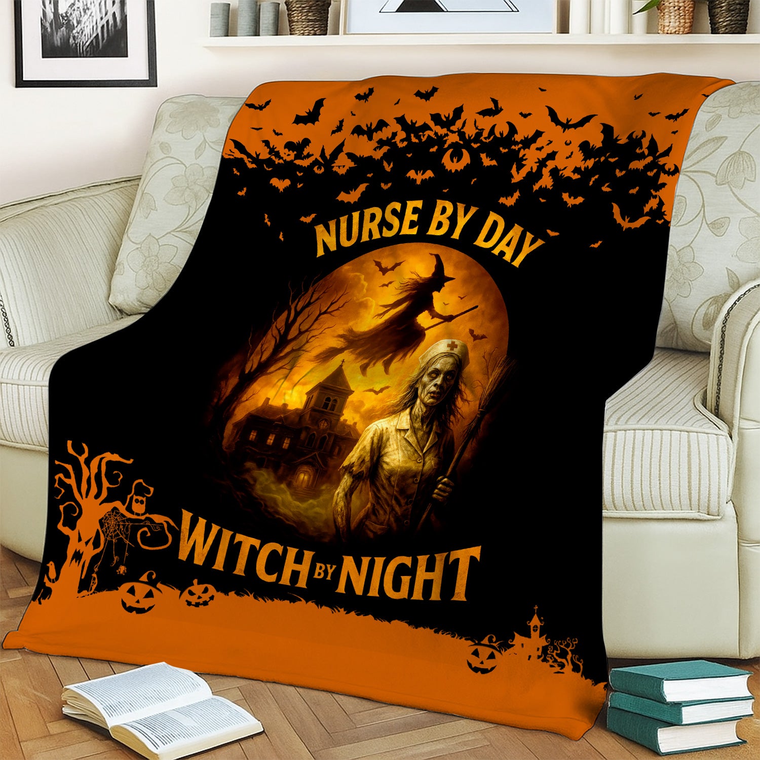 Personalized Funny Halloween Nurse Blanket - Nurse By Day Witch By Night Spooky Design - Gift for RN LPN CNA Healthcare Workers