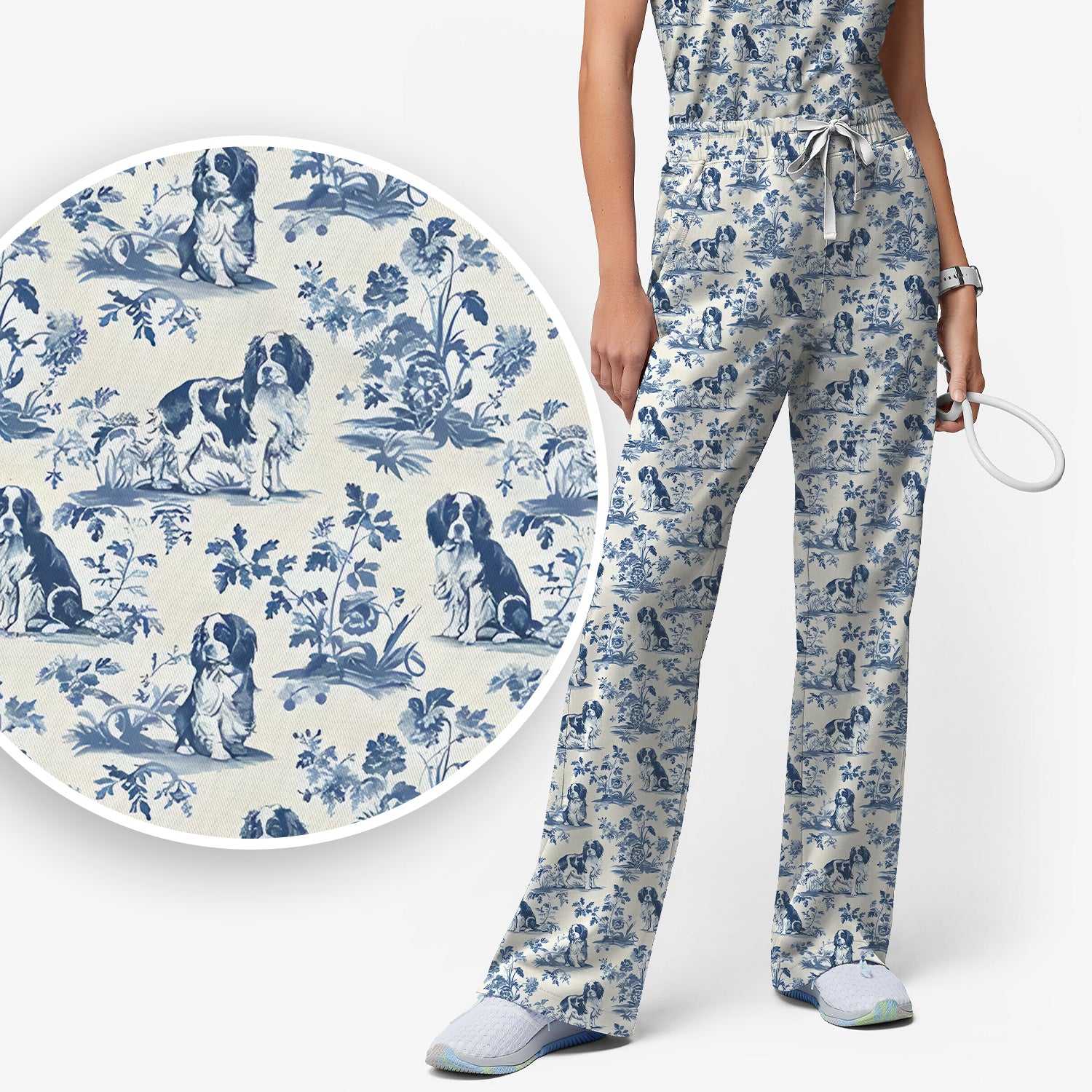 Dog Pattern Toile De Jouy Scrub Set, Vintage Dog Print Nurse Scrub Uniform, Cute Vet Tech Uniform
