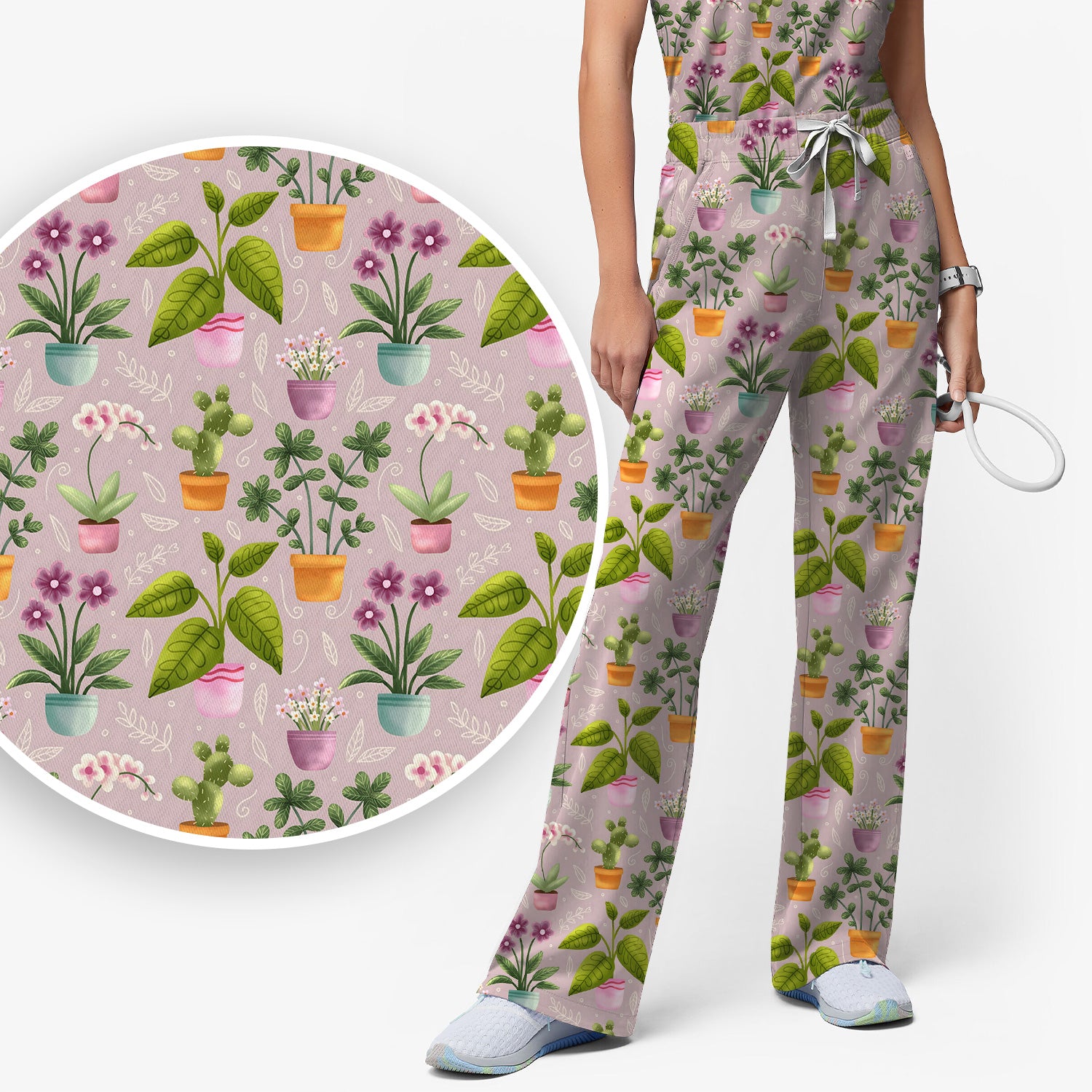 Potted Plant Orchid Cactus Pattern Scrub Set, Scrub Pants and V Neck Top