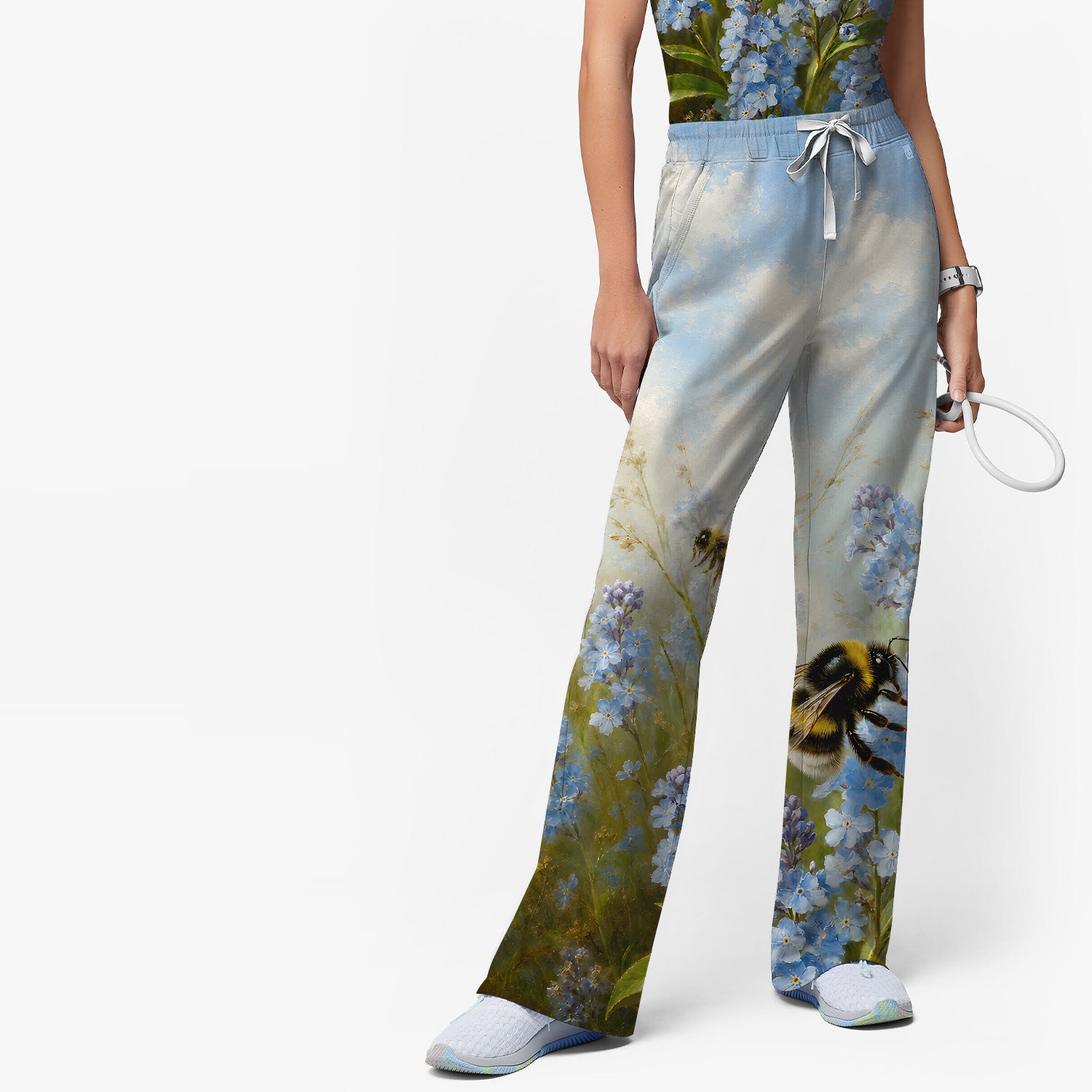 Whimsical Bumblebee Blue Blossom Pattern Scrub Set, Scrub Pants and V Neck Top
