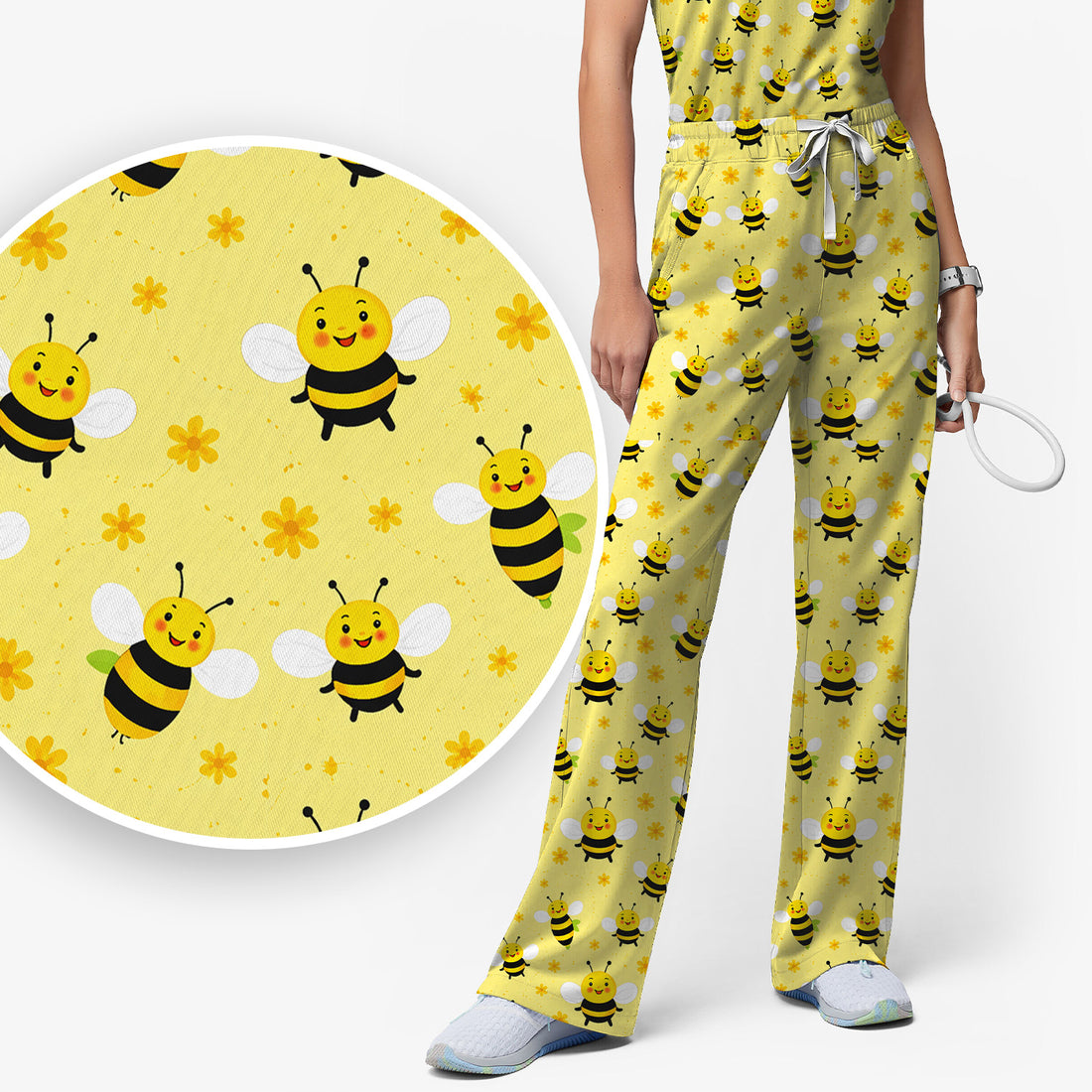 Cute Smiling Bee Yellow Floral Print Sets, Breathable Med Uniform