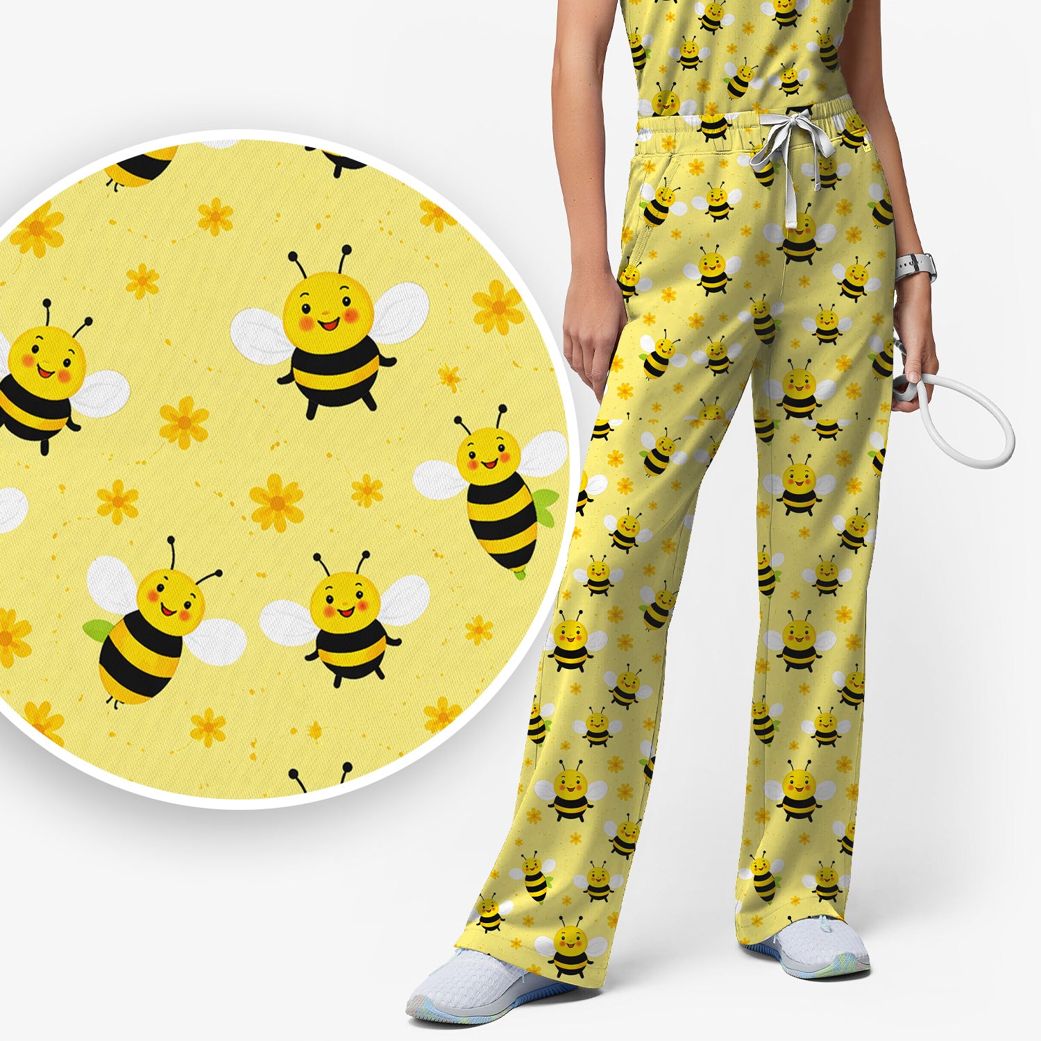 Cute Smiling Bee Yellow Floral Print Sets, Breathable Med Uniform