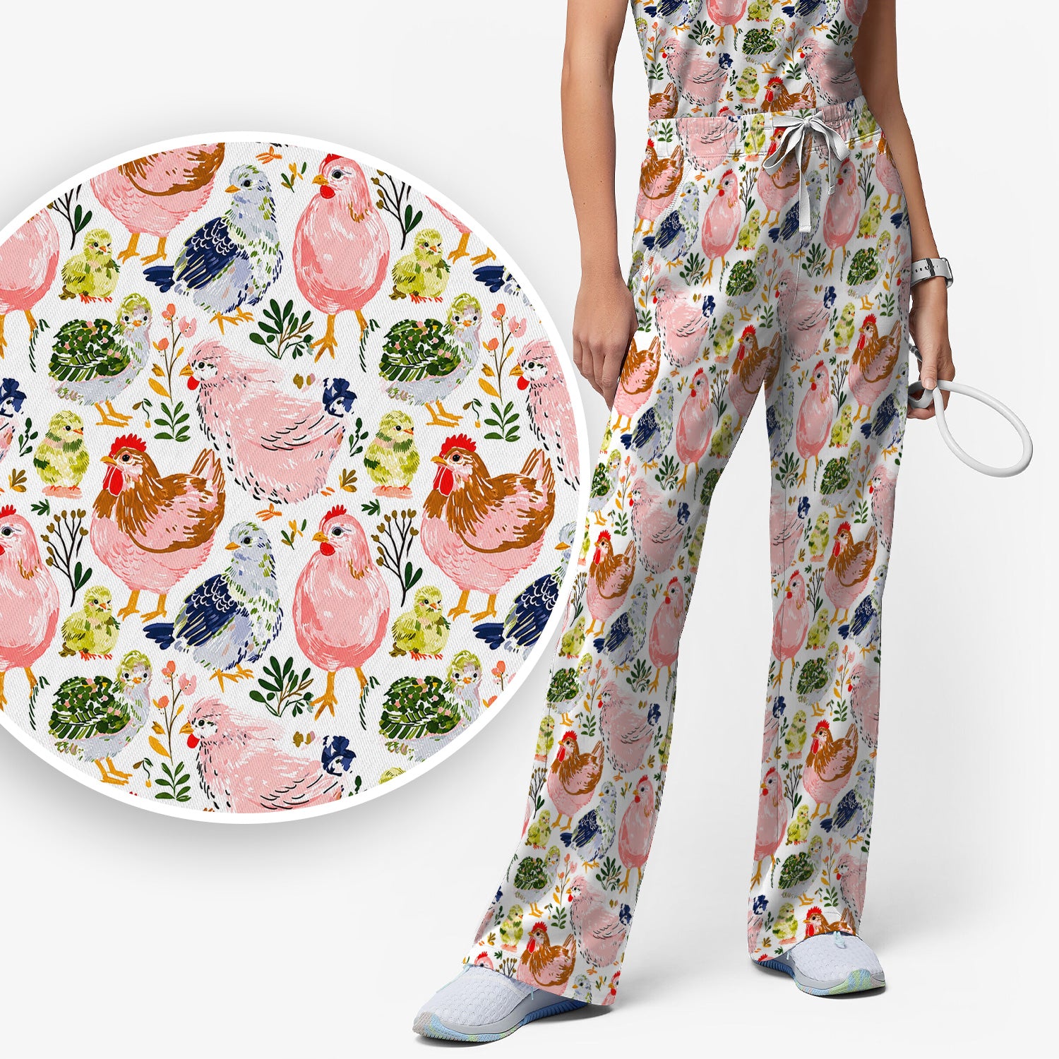 Cute Farm Chicken Hen Chick Pattern Scrub Set, Scrub Pants and V Neck Top