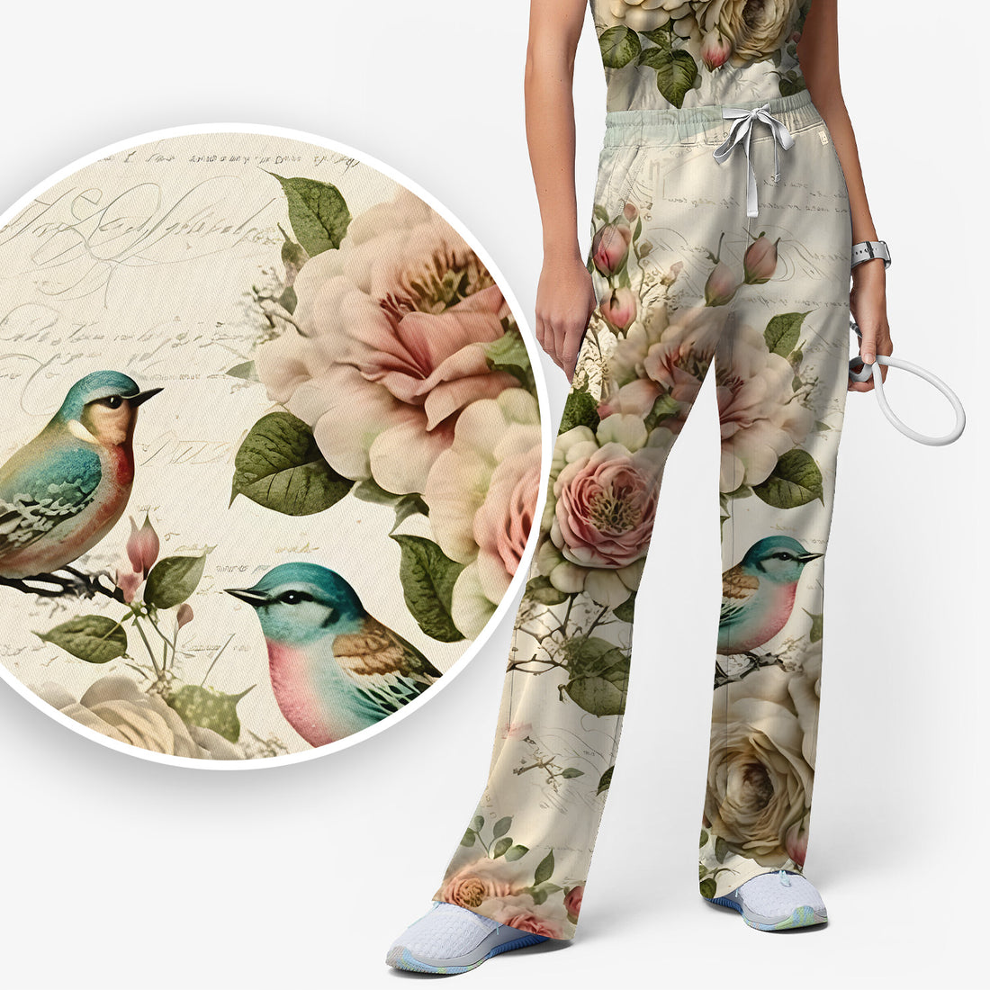 Vintage Birds Rose Pattern Scrub Set, Scrub Pants and V Neck Top