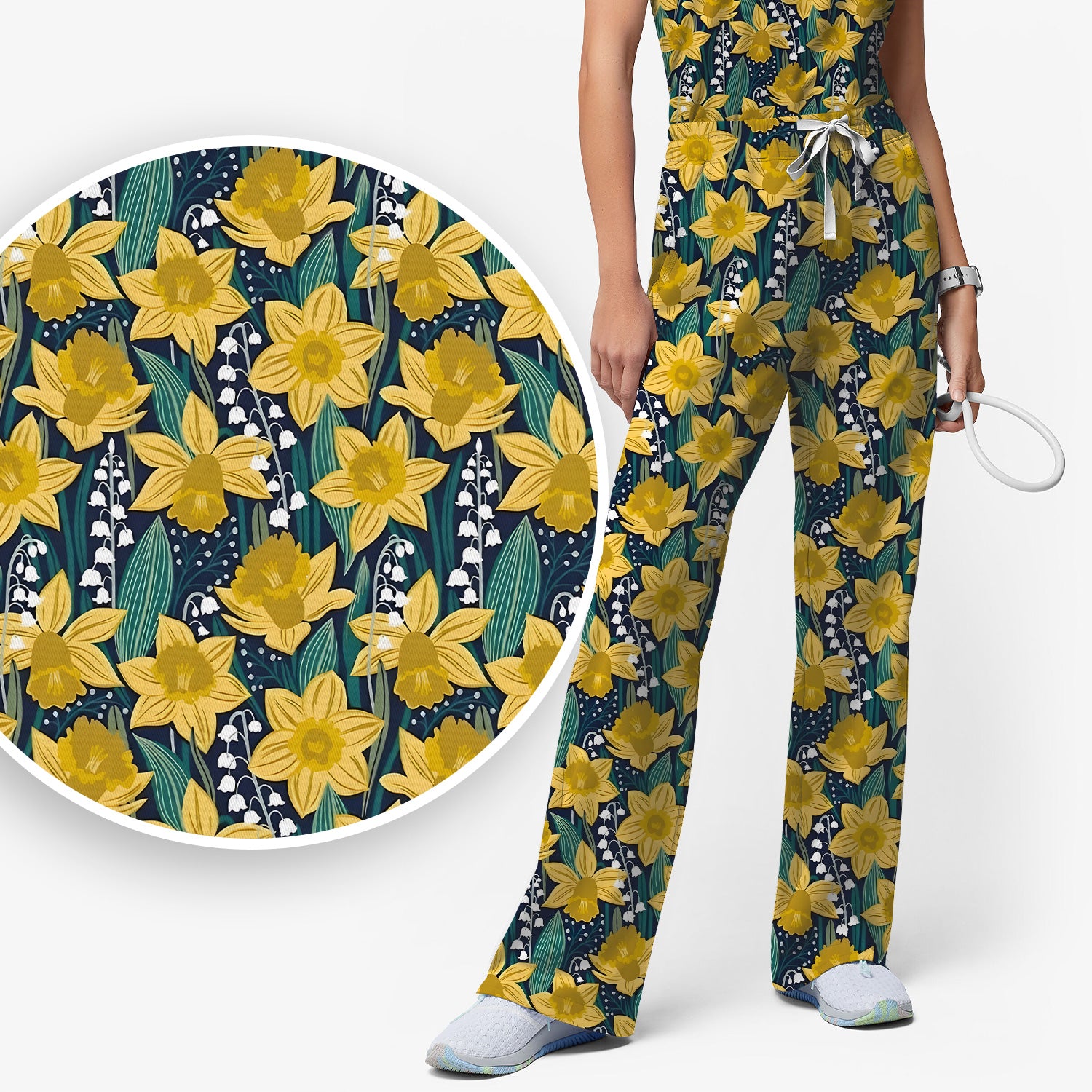 Yellow Daffodil Lily Valley Pattern Scrub Set, Scrub Pants and V Neck Top