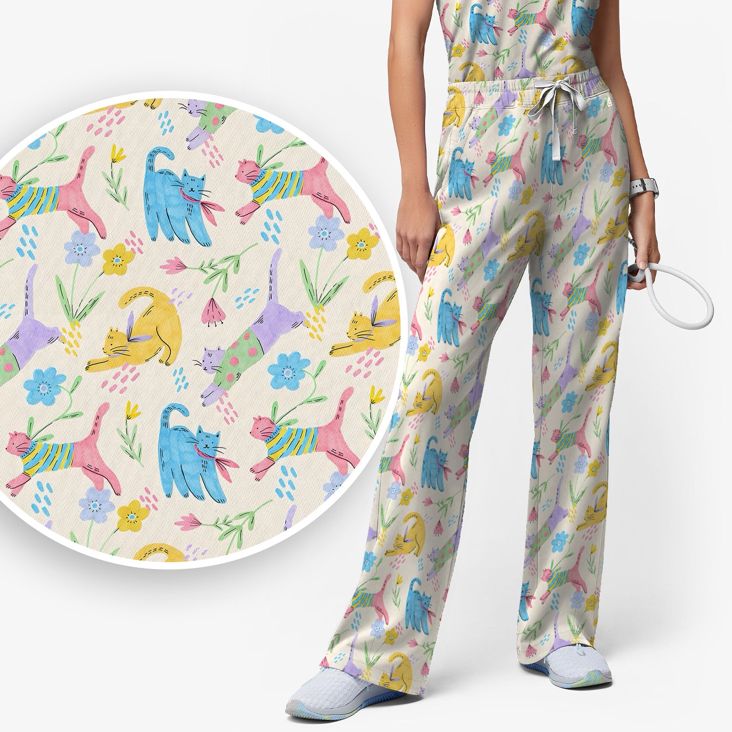 Cute Colorful Cat Floral Pattern Scrub Set, Scrub Pants and V Neck Top