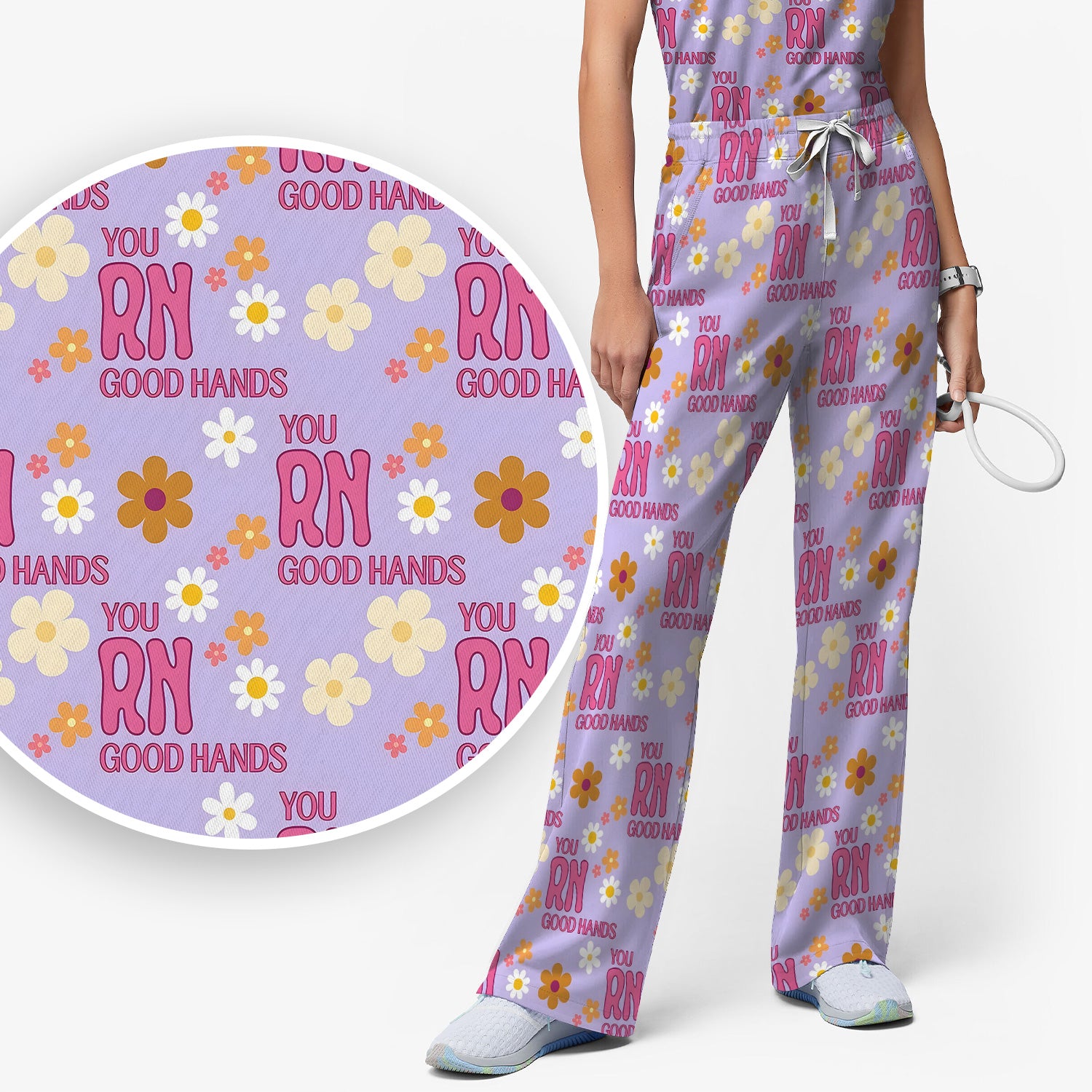 You RN Good Hands Floral Daisy Pattern Scrub Set, Scrub Pants and V Neck Top