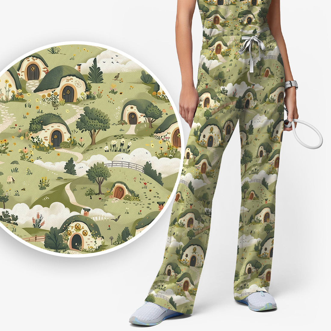 Cozy Hobbit Village Landscape Pattern Scrub Set, Scrub Pants and V Neck Top