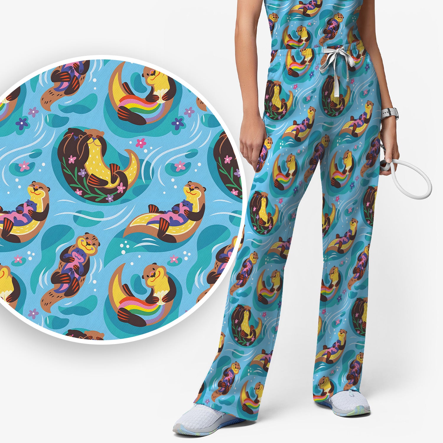 Otter Floating River Rainbow Pattern Scrub Set, Scrub Pants and V Neck Top