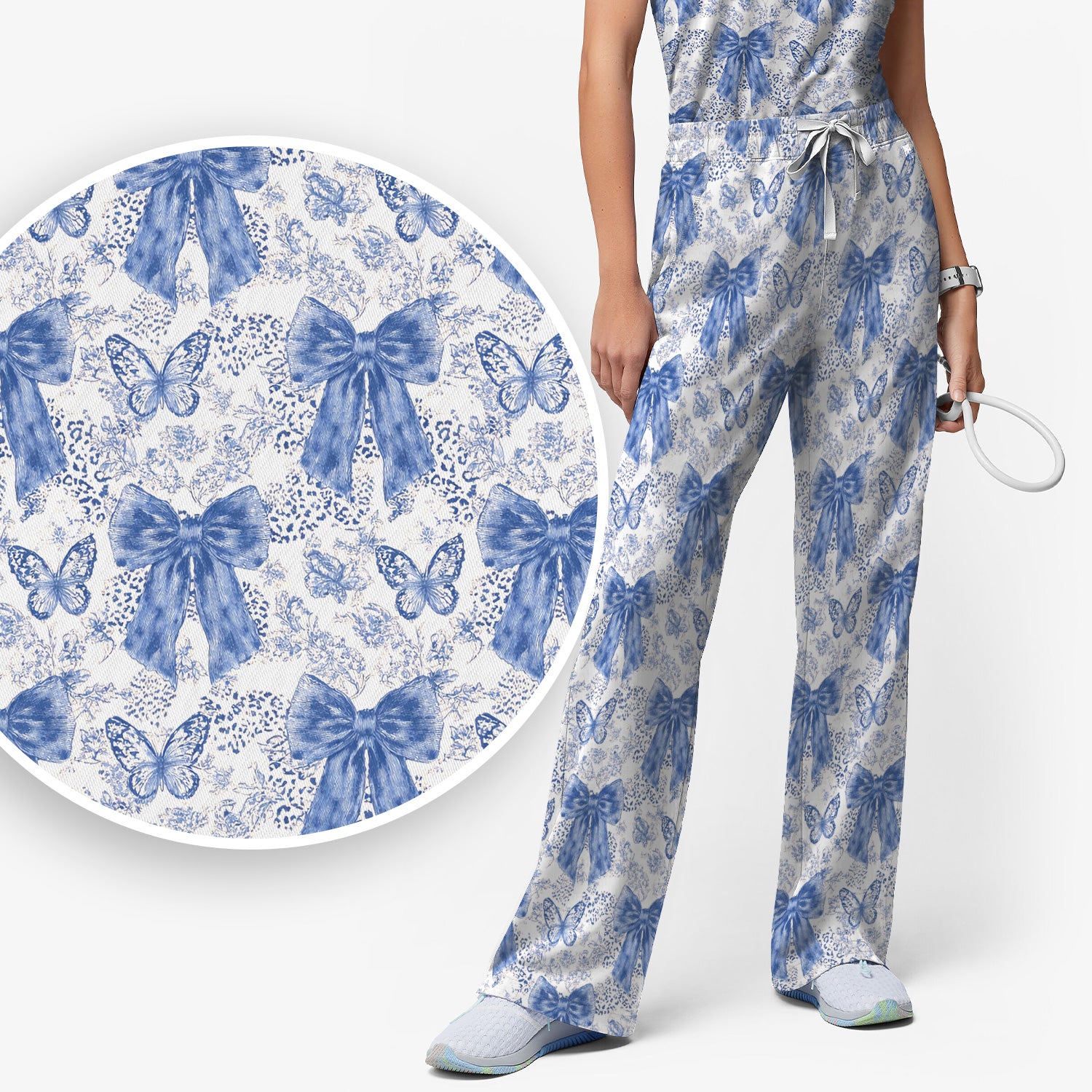Blue Bow And Butterfly Vintage Floral Scrub Set, Scrub Pants and V Neck Top