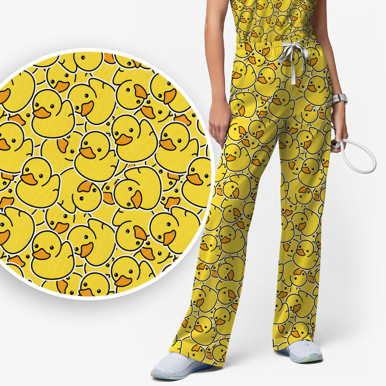 Yellow Rubber Duck Pattern Scrub Set, Scrub Pants and V Neck Top