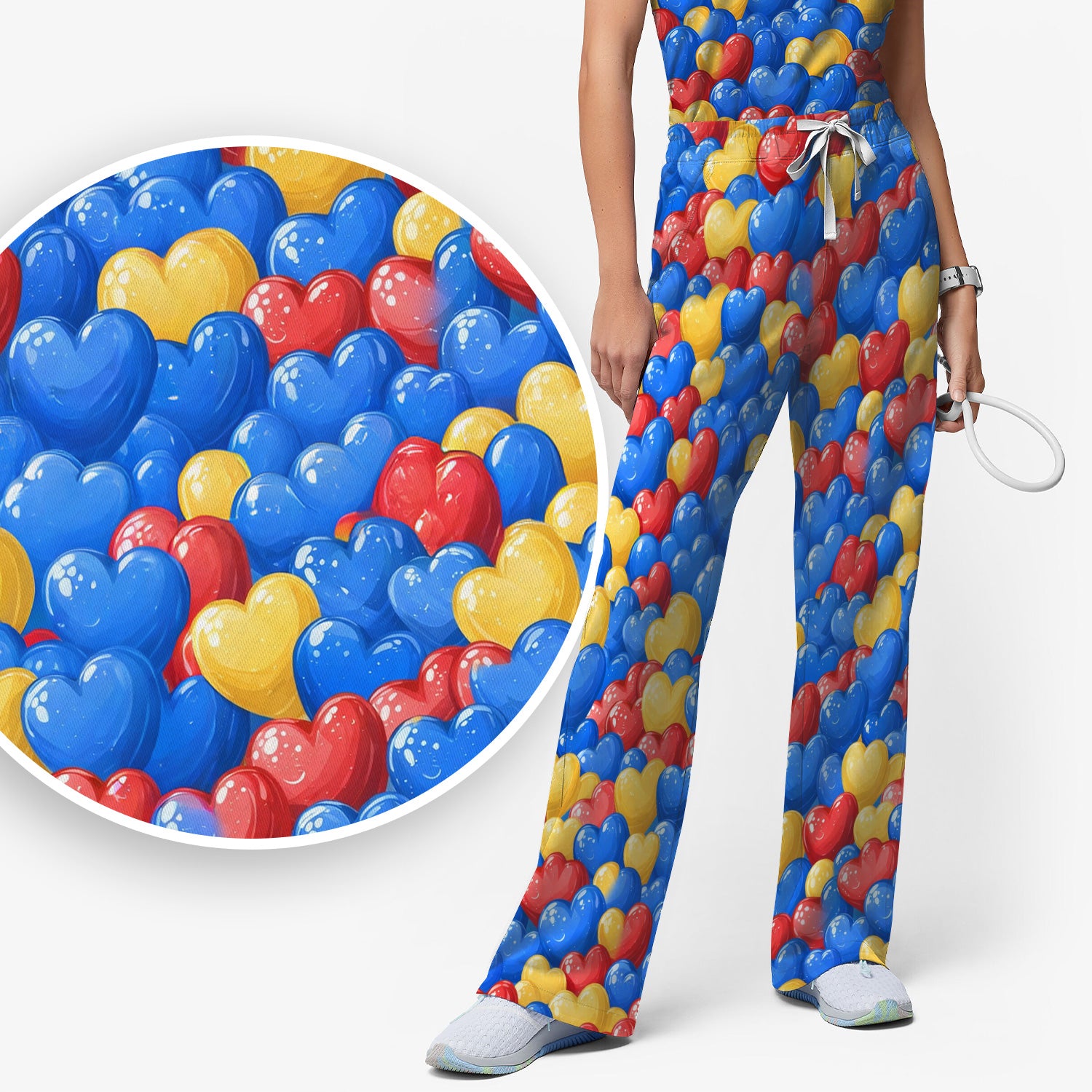 Colorful Autism Heart Pattern Scrub Set, Scrub Pants and V Neck Top