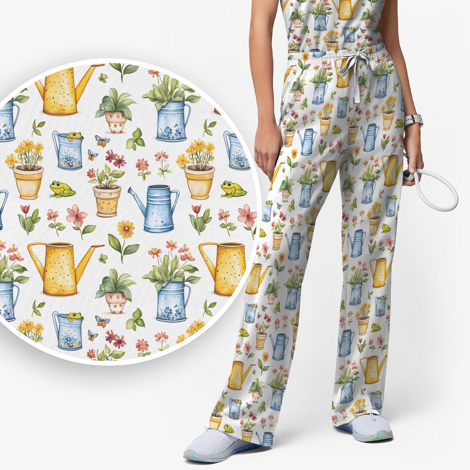 Watering Can and Flower Pot Garden Scrub Set, Scrub Pants and V Neck Top
