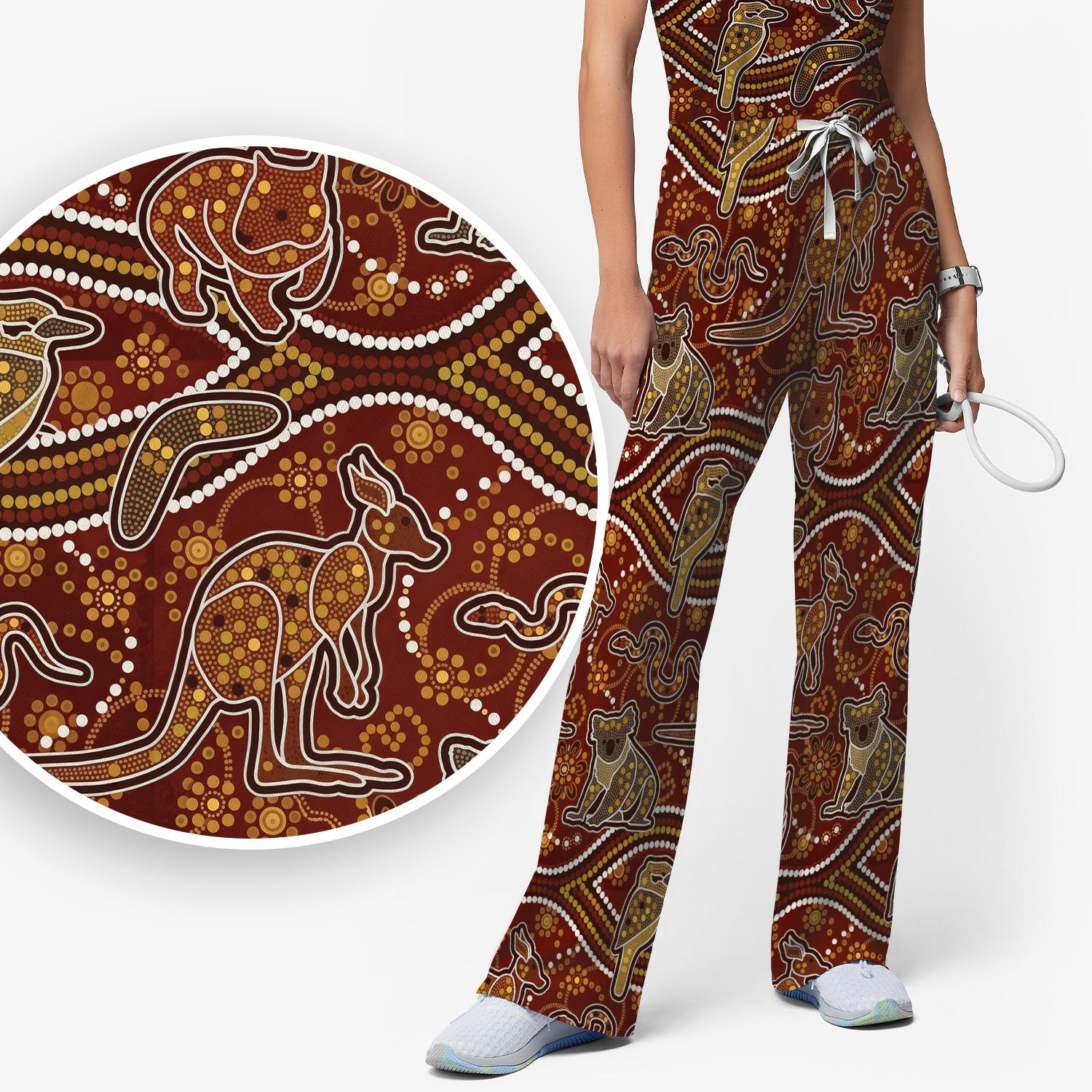 Australian Kangaroo Koala Aboriginal Art Pattern Scrub Sets, Scrub Pants and V Neck Top