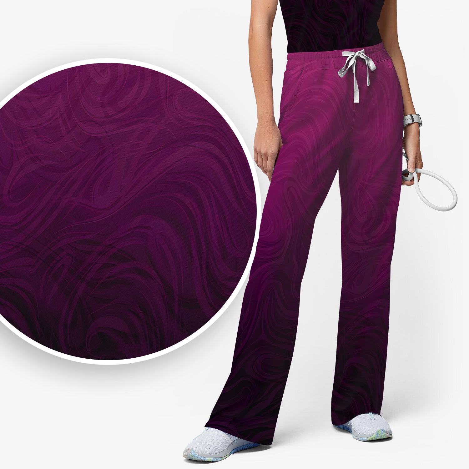 Abstract Swirl Ombre Pattern Scrub Set, Scrub Pants and V Neck Top