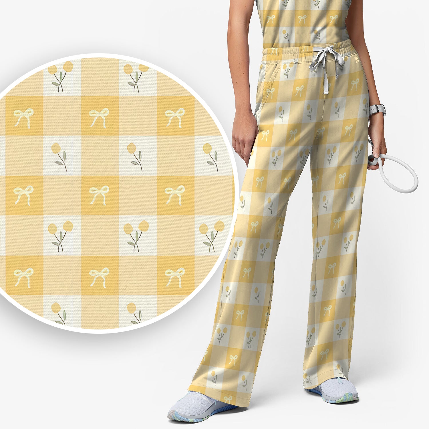 Yellow Gingham Bow Floral Pattern Scrub Set, Scrub Pants and V Neck Top