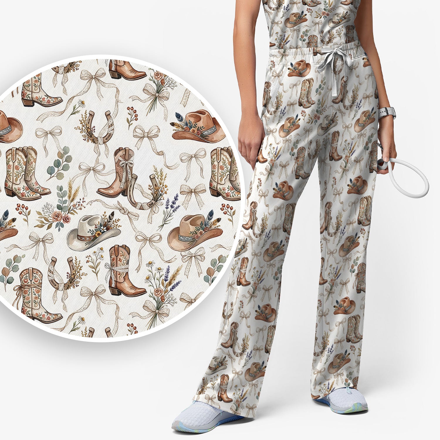 Western Cowboy Boots Hat Floral Pattern Scrub Set, Scrub Pants and V Neck Top