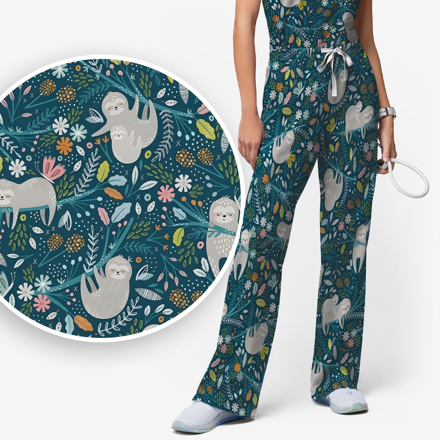 Cute Sloth Jungle Leaf Floral Pattern Scrub Set, Women's Scrub Sets