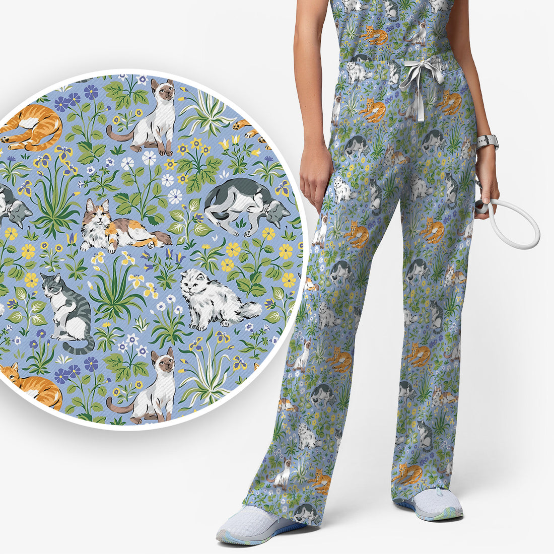Cute Floral Cat Garden Pattern Women's Scrub Set, Breathable Med Uniform