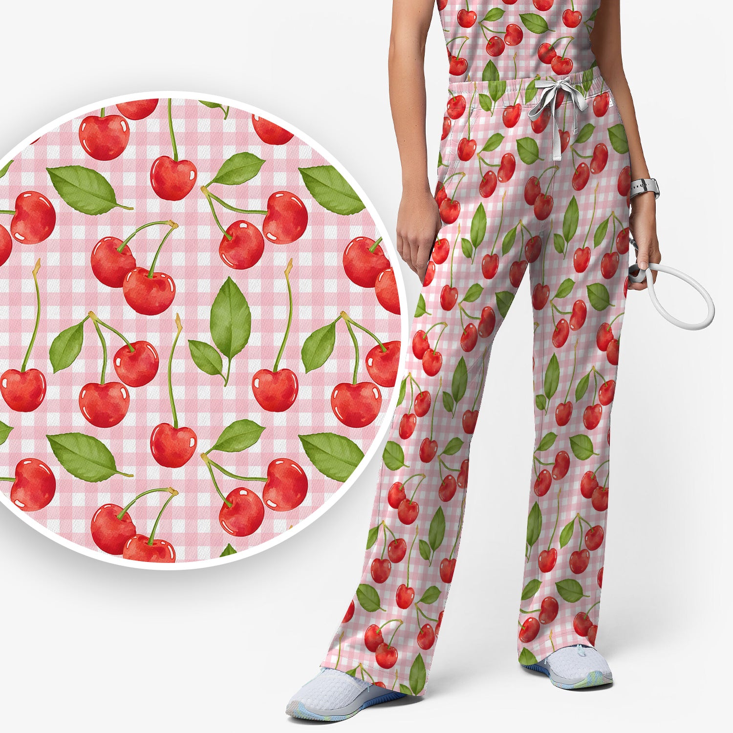 Sweet Red Cherry Gingham Pattern Scrub Set, Scrub Pants and V Neck Top