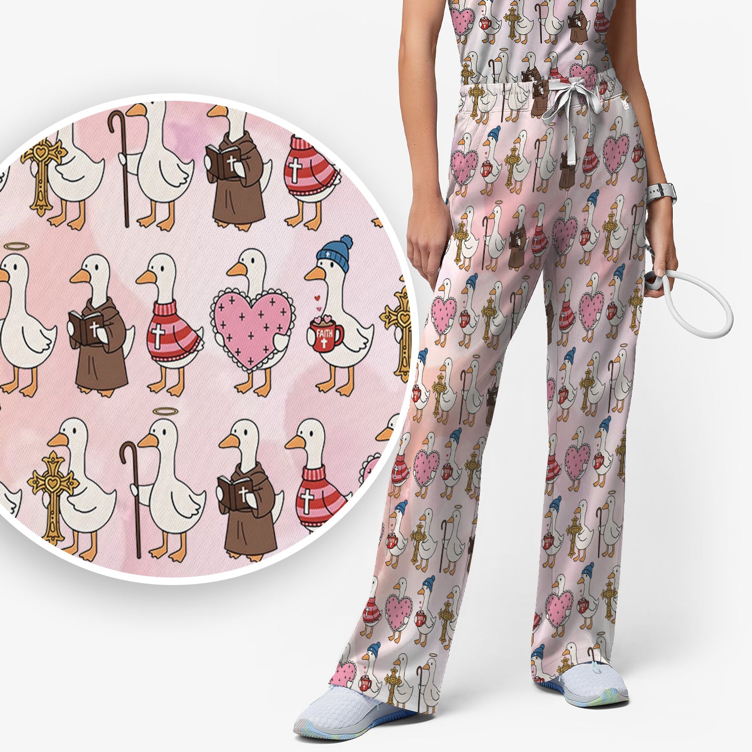 Goose Valentine Heart Illustration Design Scrubs Set, Breathable Med Uniform