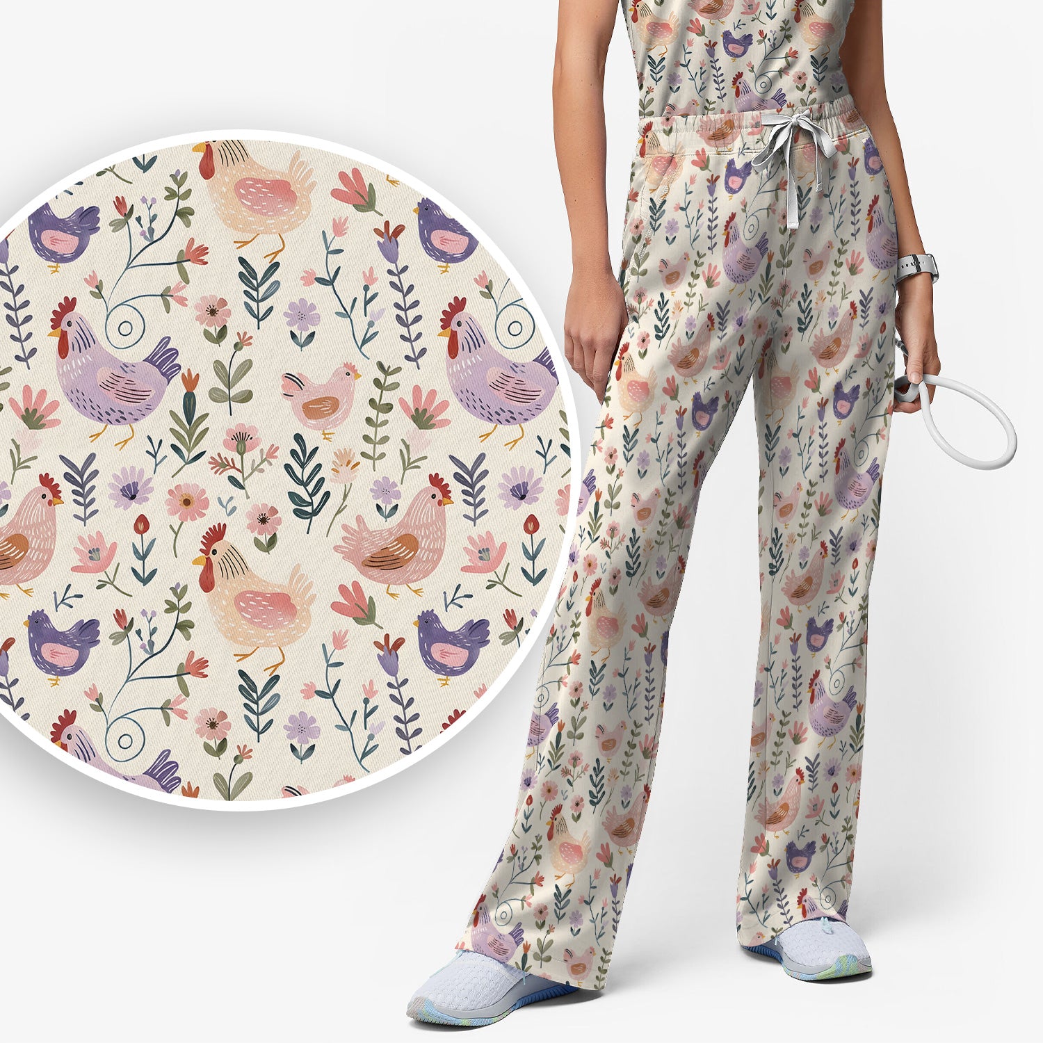 Cute Farm Chicken Floral Garden Pattern Scrub Set, Scrub Pants and V Neck Top