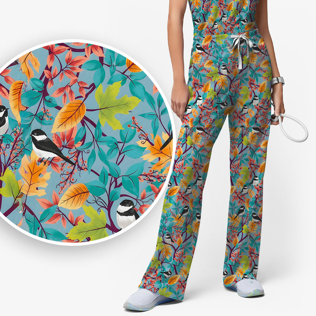 Autumn Leaf Chickadee Bird Pattern Scrub Set, Breathable Med Uniform