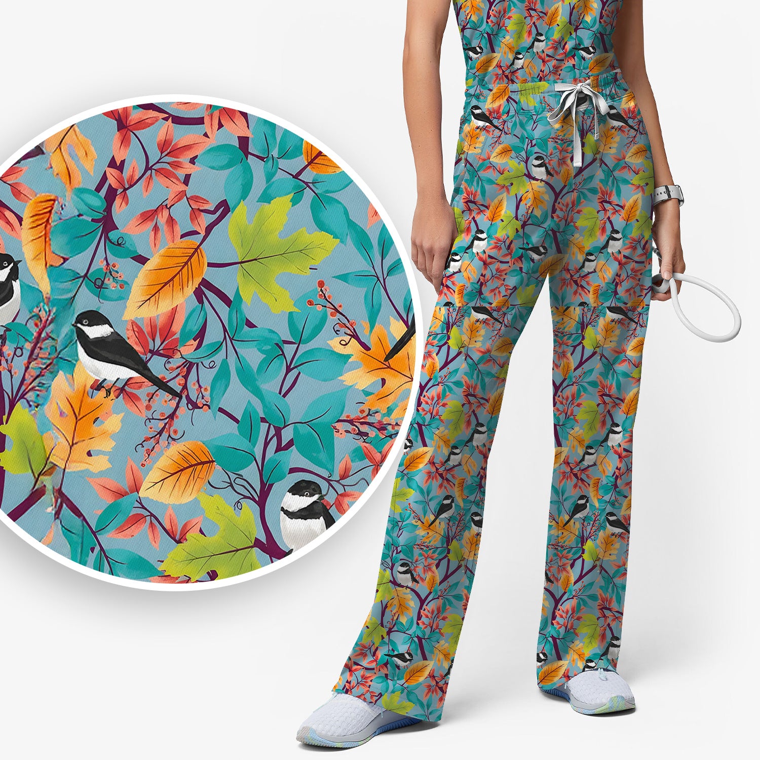 Autumn Leaf Chickadee Bird Pattern Scrub Set, Breathable Med Uniform