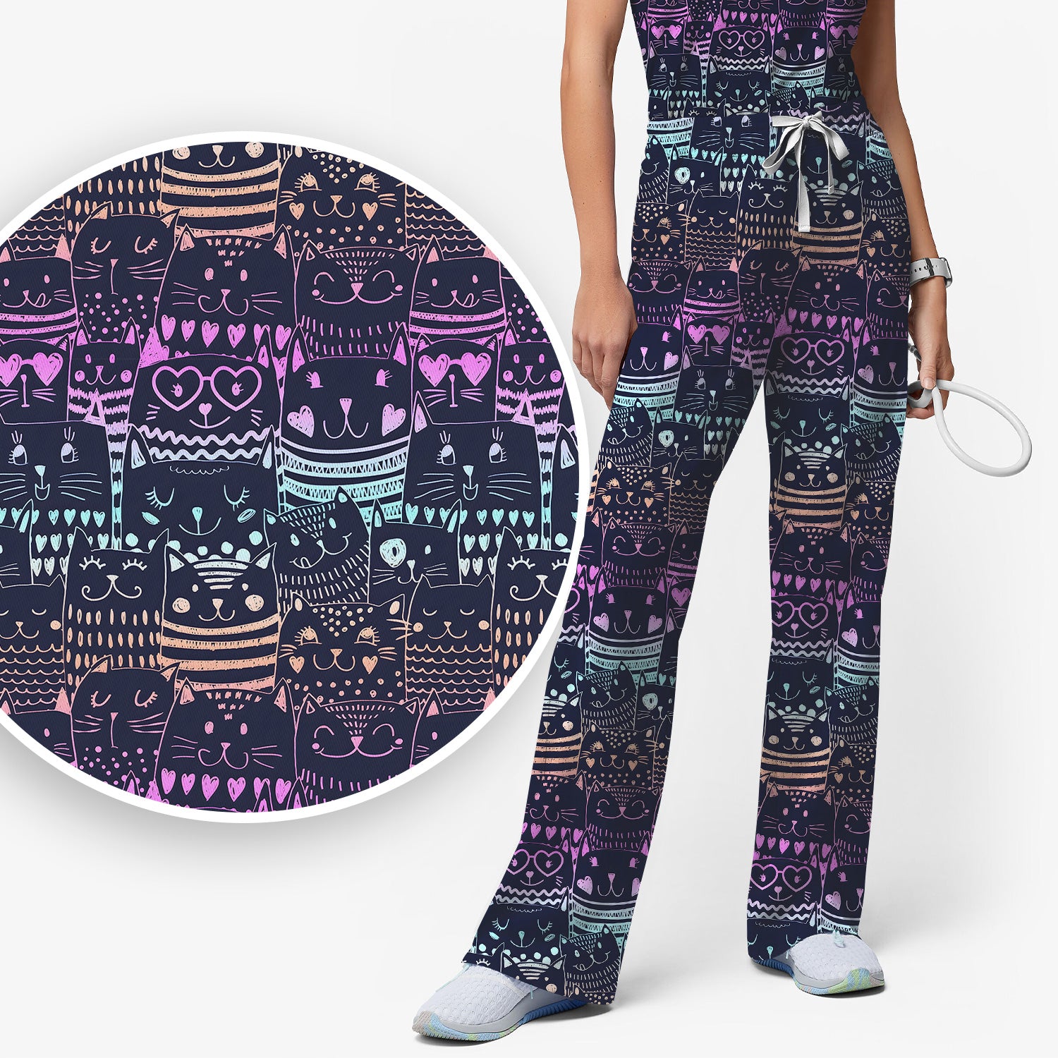 Cute Neon Cat Faces Pattern Scrub Set, Scrub Pants and V Neck Top