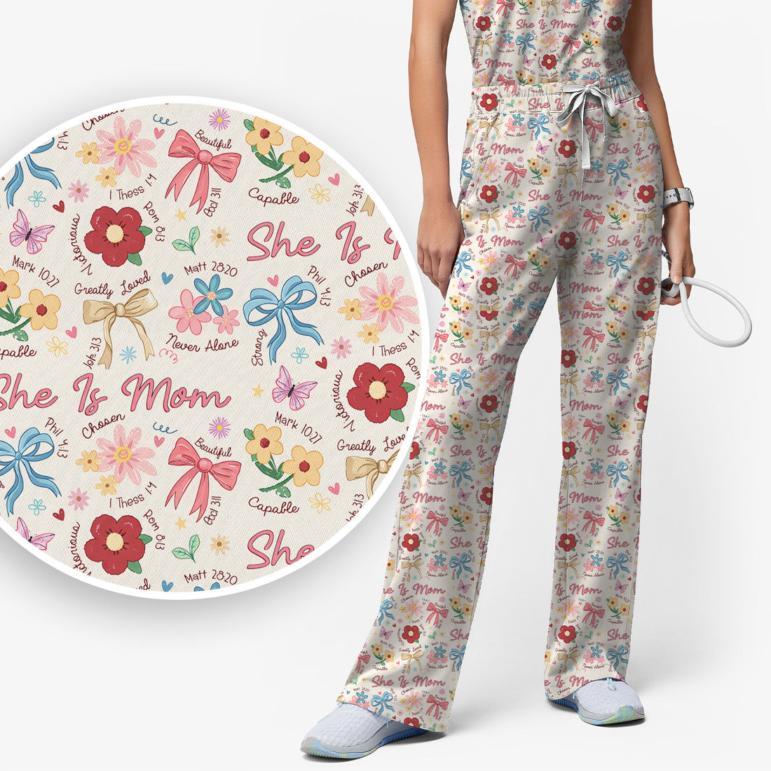 She Is Mom Flower Bow Pattern Scrub Set, Scrub Pants and V Neck Top