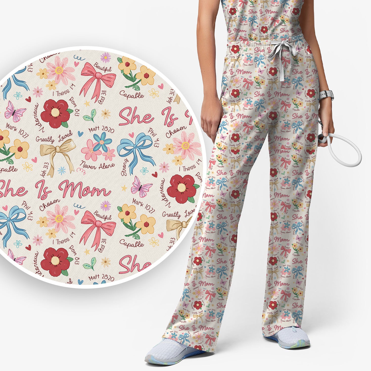 She Is Mom Flower Bow Pattern Scrub Set, Scrub Pants and V Neck Top