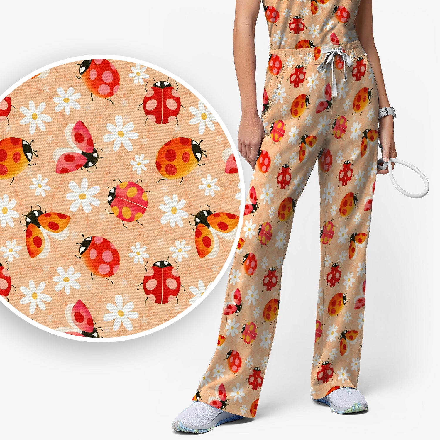 Ladybug Daisy Floral Pattern Scrub Set, Scrub Pants and V Neck Top