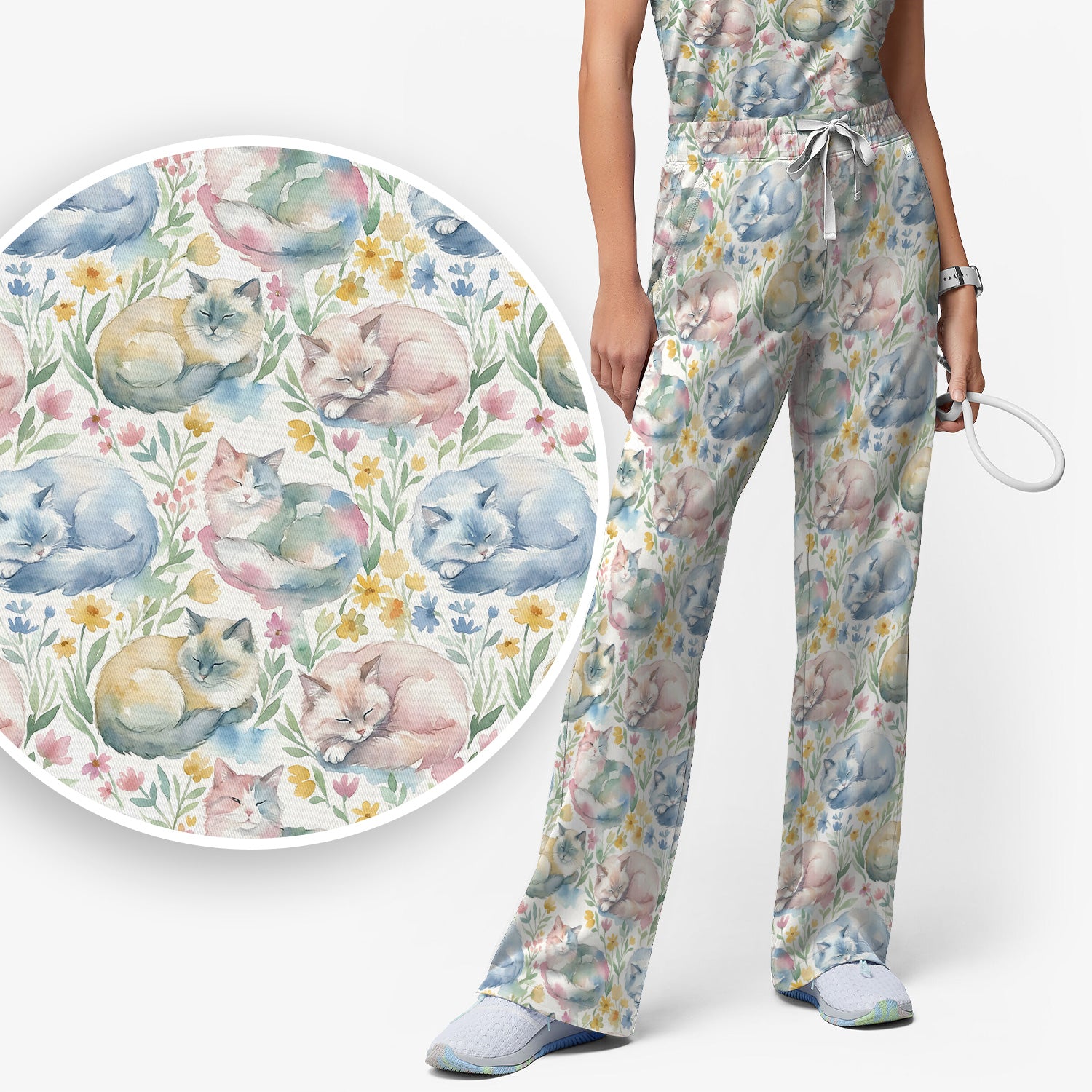 Dreamy Sleeping Cat Floral Pattern Scrub Set, Scrub Pants and V Neck Top
