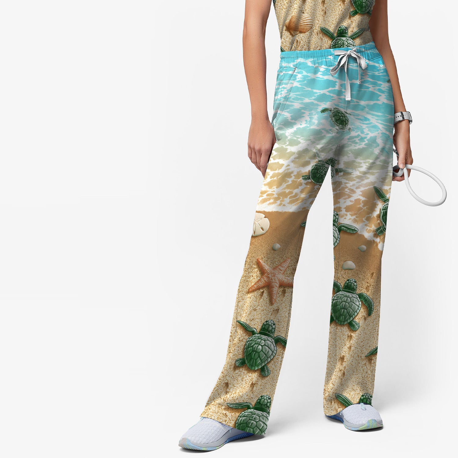 Coastal Sea Turtle Beach Pattern Scrub Set, Scrub Pants and V Neck Top