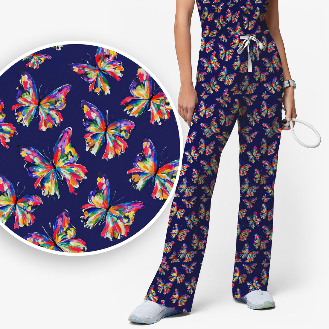 Vibrant Rainbow Butterfly Pattern Scrub Set, Scrub Pants and V Neck Top