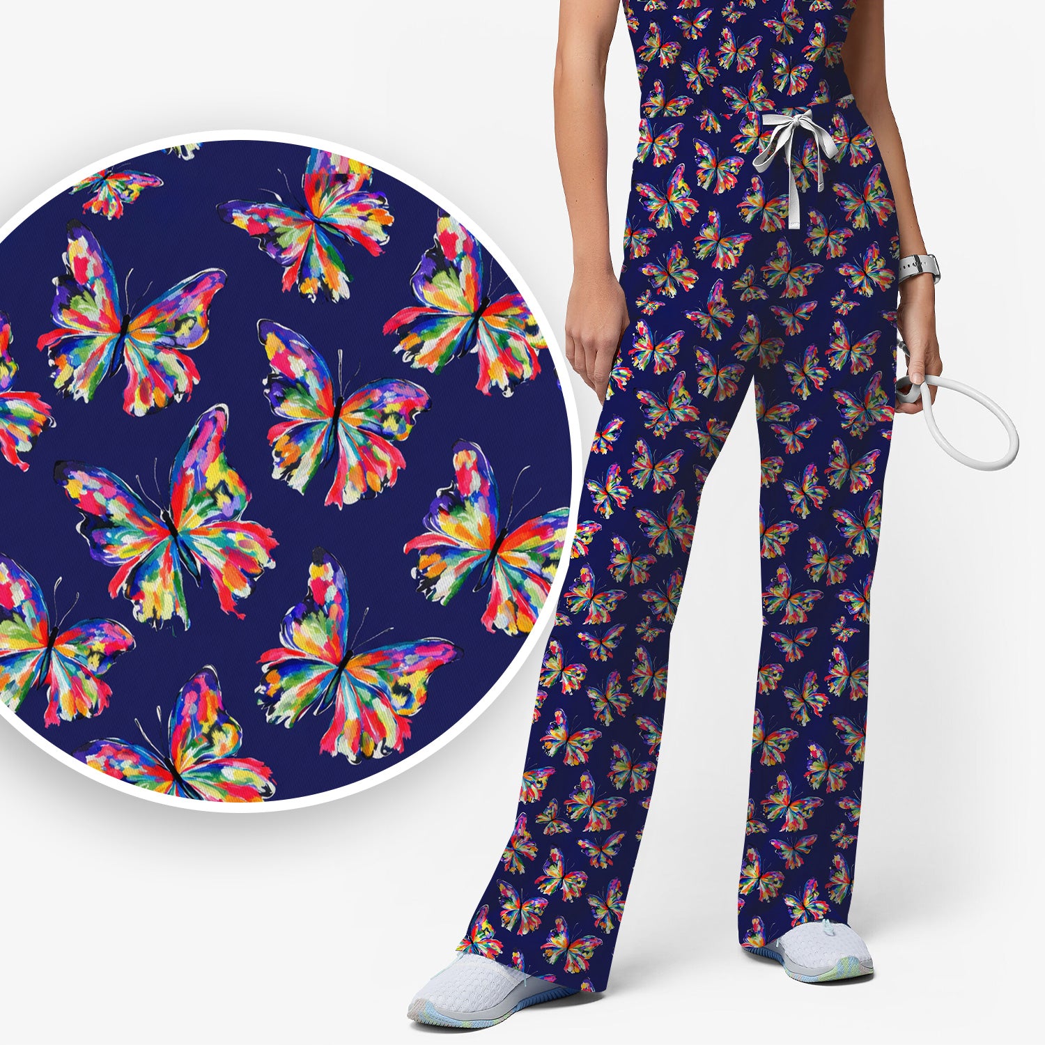 Vibrant Rainbow Butterfly Pattern Scrub Set, Scrub Pants and V Neck Top