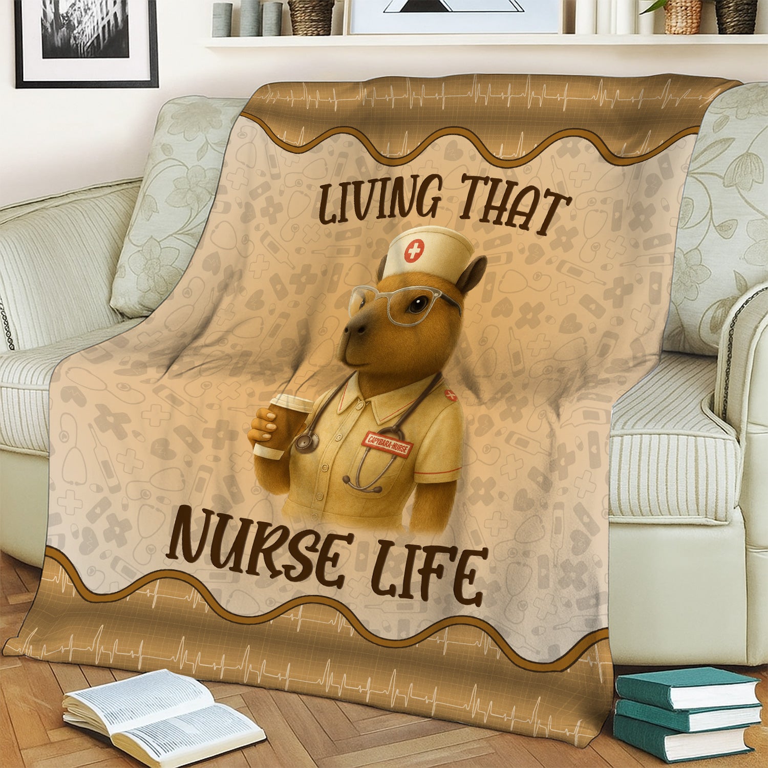 Custom Funny Nurse Capybara Blanket - Coffee & Stethoscope Graphic Design - Gift for RN LPN Healthcare Workers