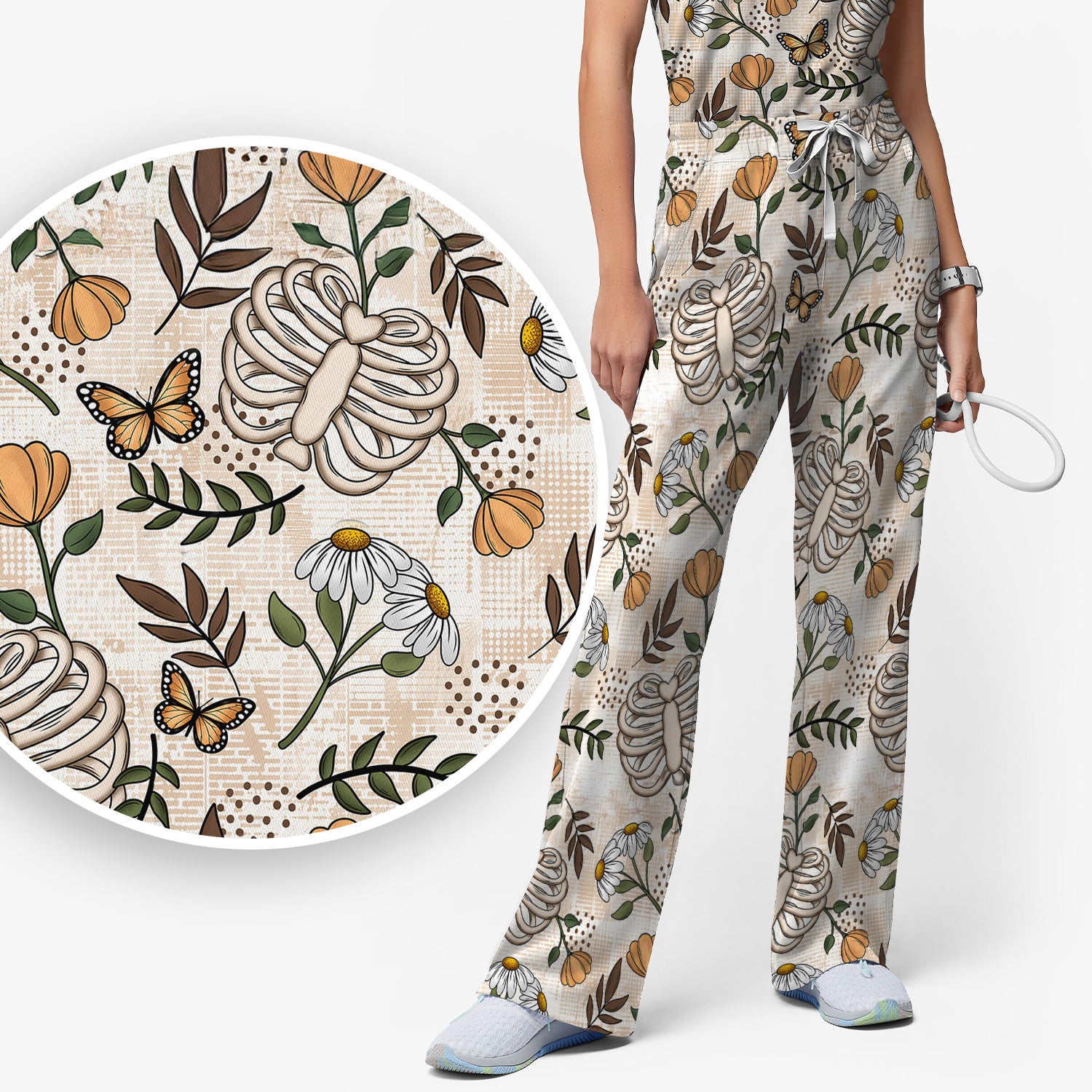 Skeleton Ribcage With Daisy And Butterfly Floral Scrub Set, Scrub Pants and V Neck Top