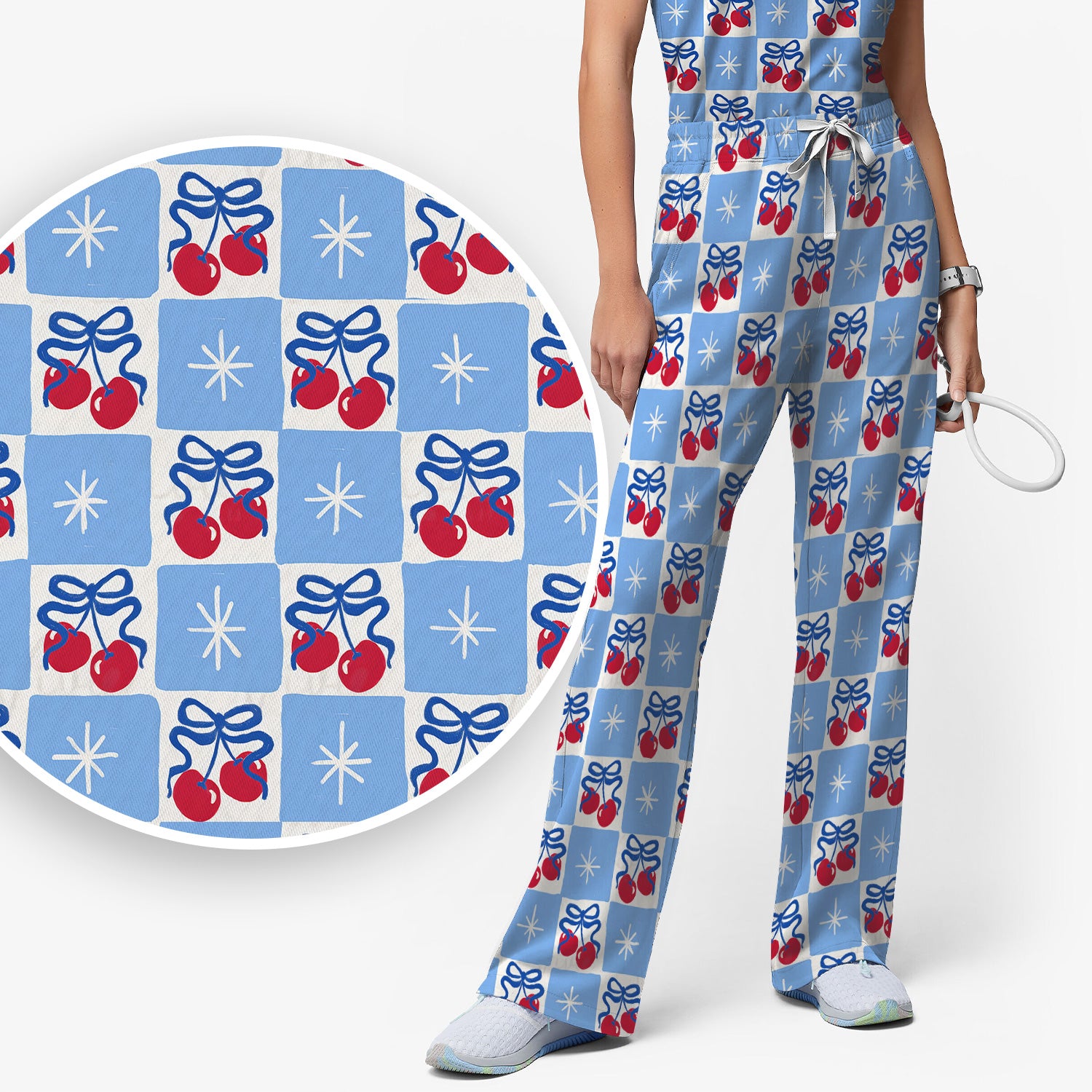 Cute Cherry Bow With Blue Gingham Check Pattern Scrub Set, Scrub Pants and V Neck Top