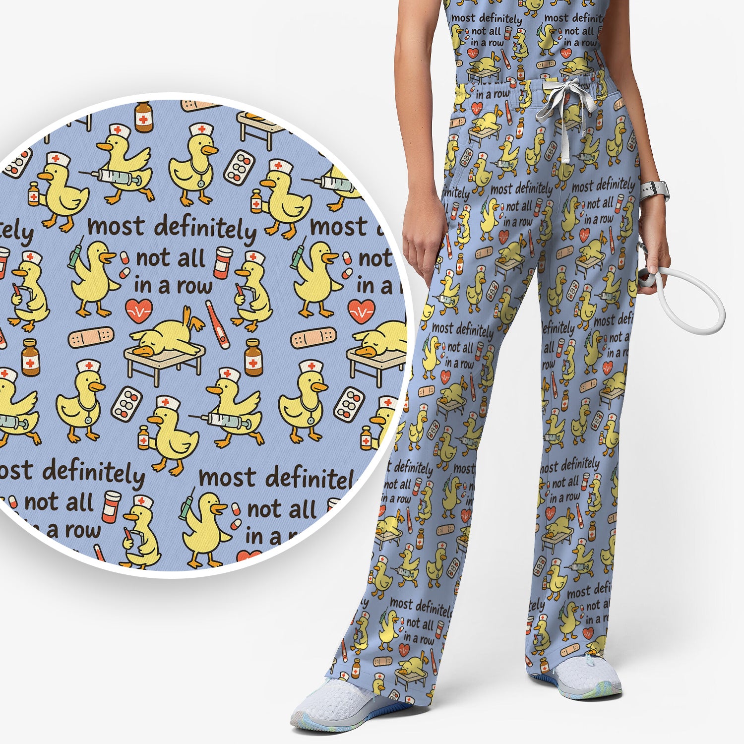 Funny Nurse Duck Medical Humor Pattern Scrub Set, Scrub Pants and V Neck Top