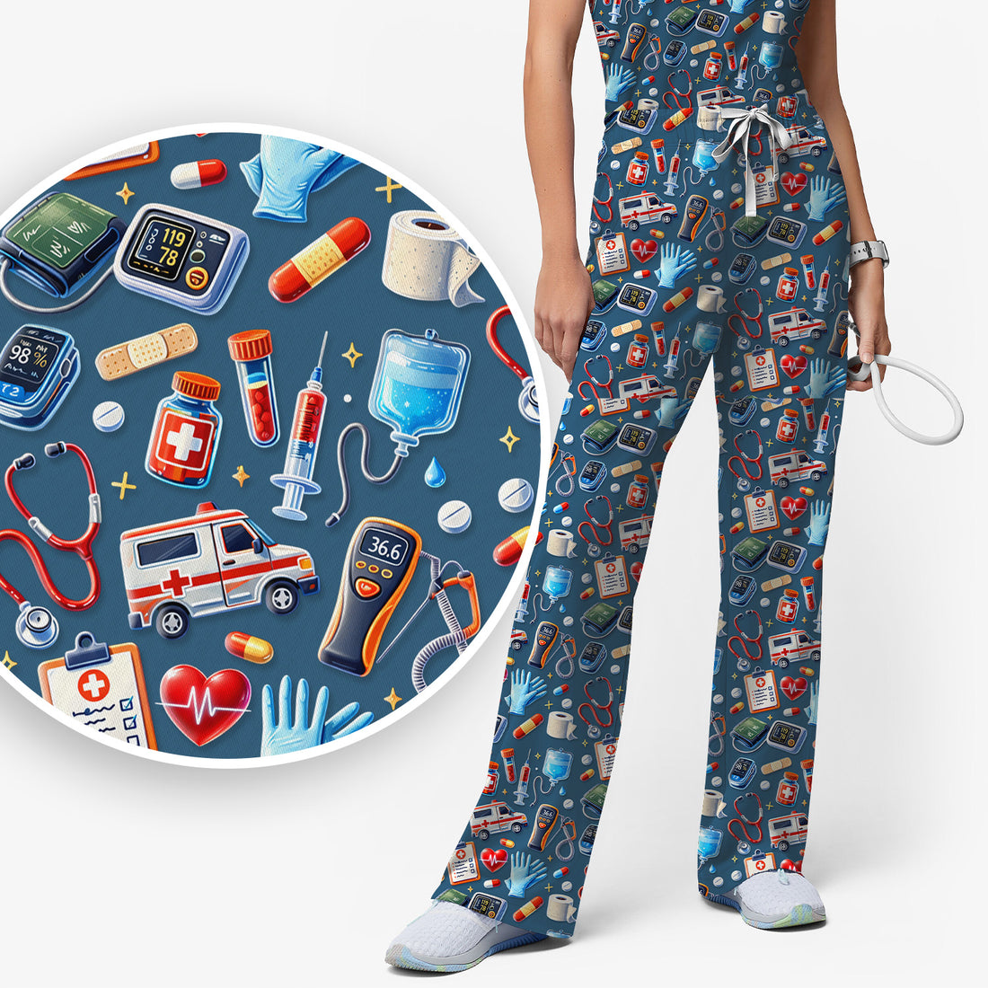 Medical Tools Pattern Ambulance Stethoscope Scrub Set, Scrub Pants and V Neck Top