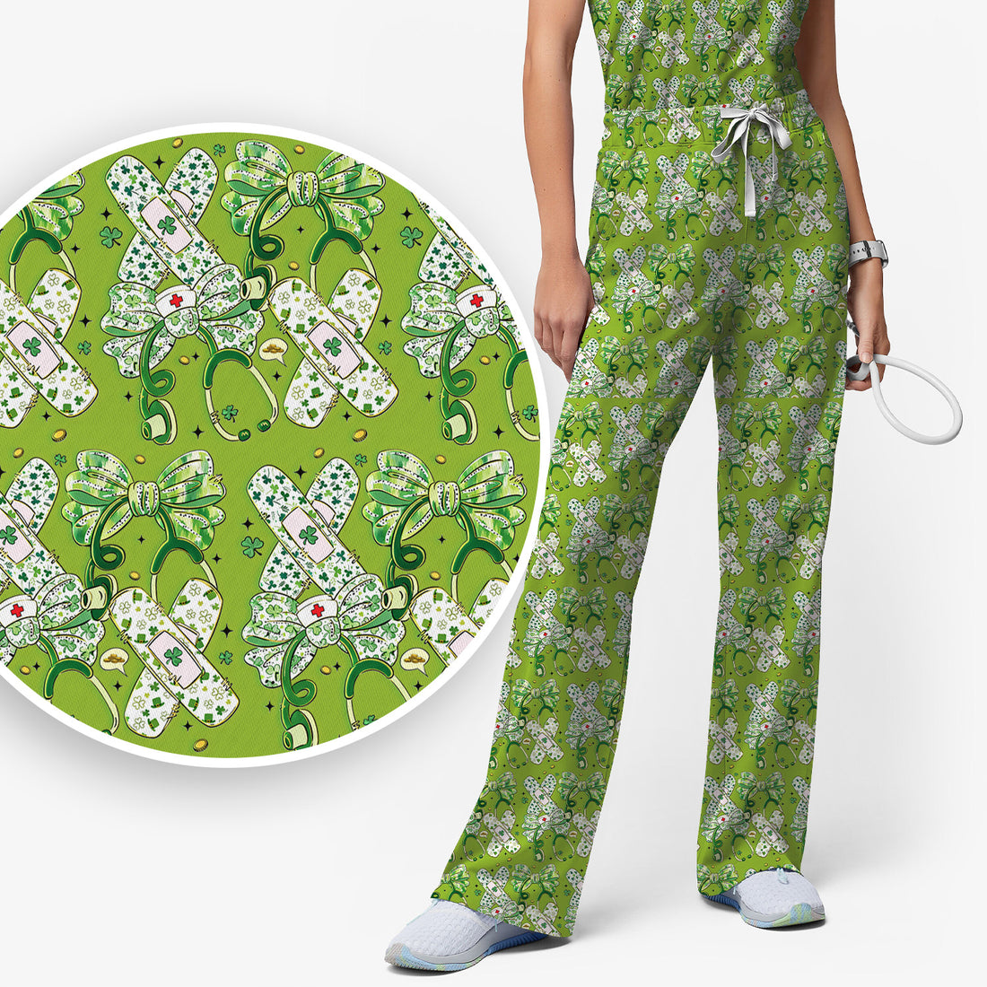 St Patrick Shamrock Stethoscope Bow Print Scrub Set, Breathable Med Uniform